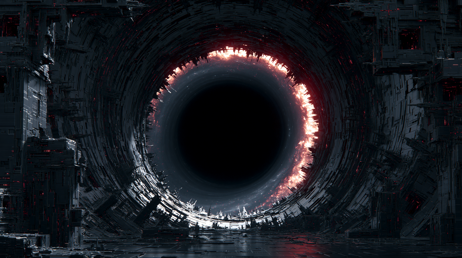 2K Quad HD PC desktop wallpaper: a dark cylindrical tunnel framing a black Void ringed with fiery light and a wet reflective floor.