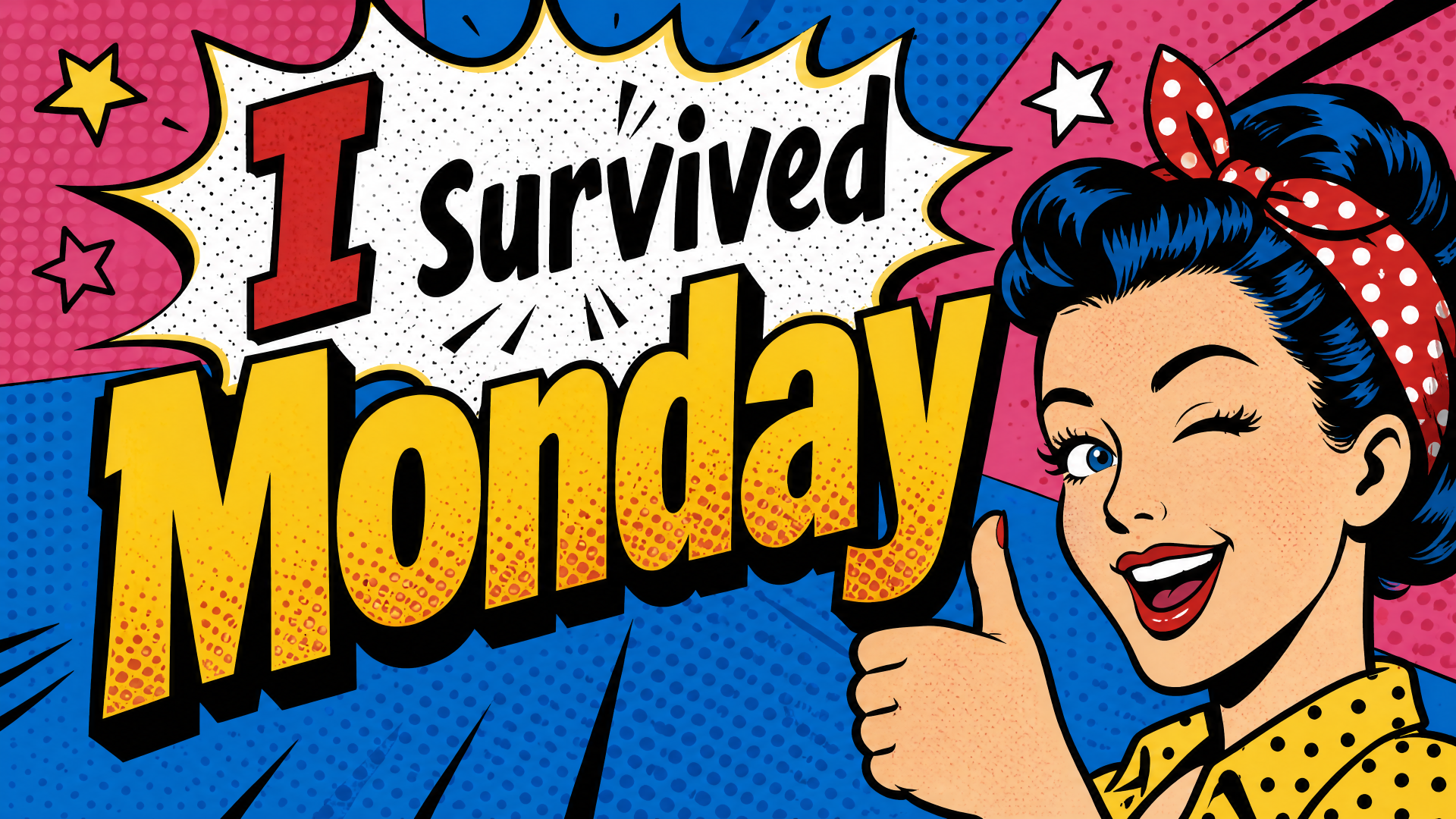 Retro pop-art 4K Ultra HD PC desktop wallpaper: comic-style woman winking and giving a thumbs-up beside bold 'I Survived Monday' text on vibrant blue, pink and yellow background.