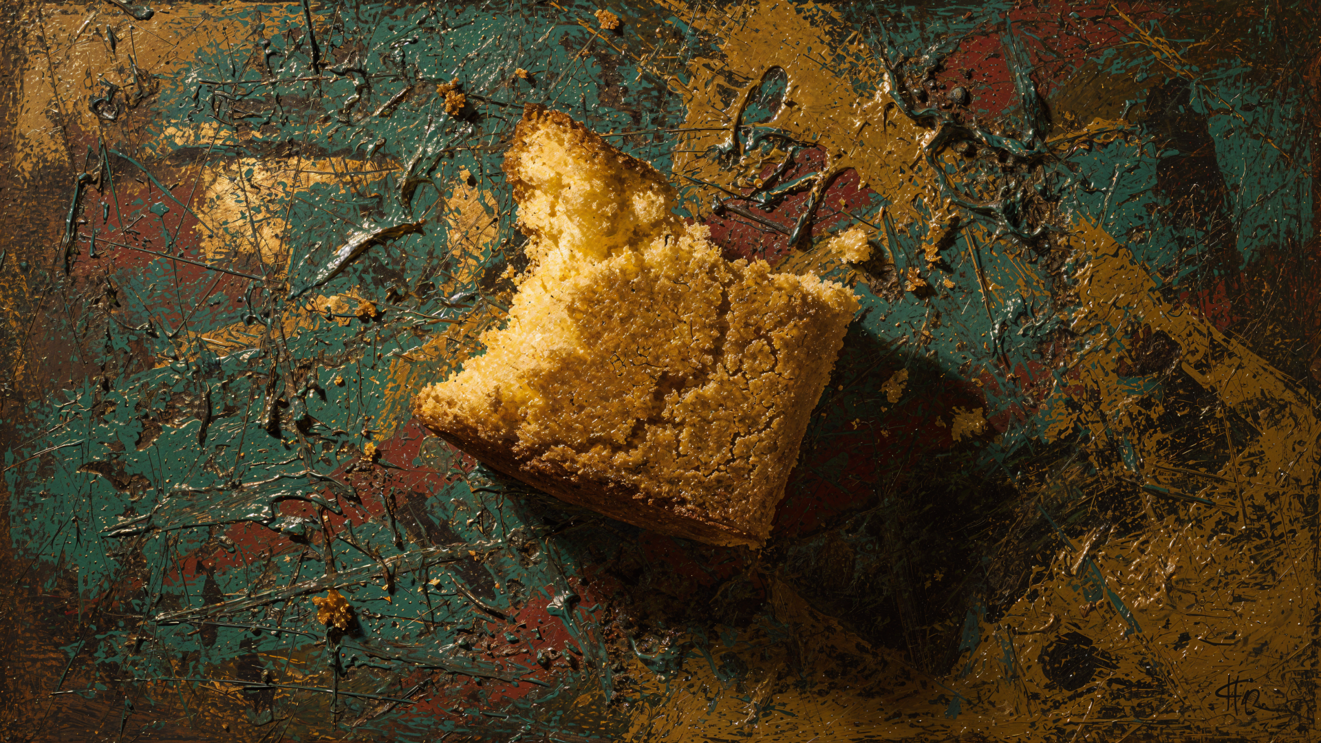 Bitten square of cornbread on a painted, textured surface; 4K Ultra HD PC Desktop Wallpaper and Background with warm, rustic lighting.