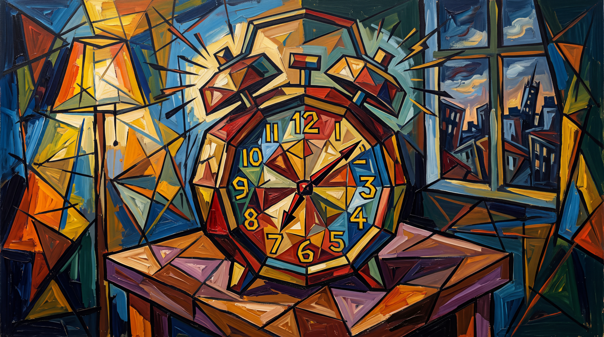 Cubist alarm clock on a bedside table by a city window in bold geometric colors — 5K Ultra HD PC desktop wallpaper/background.