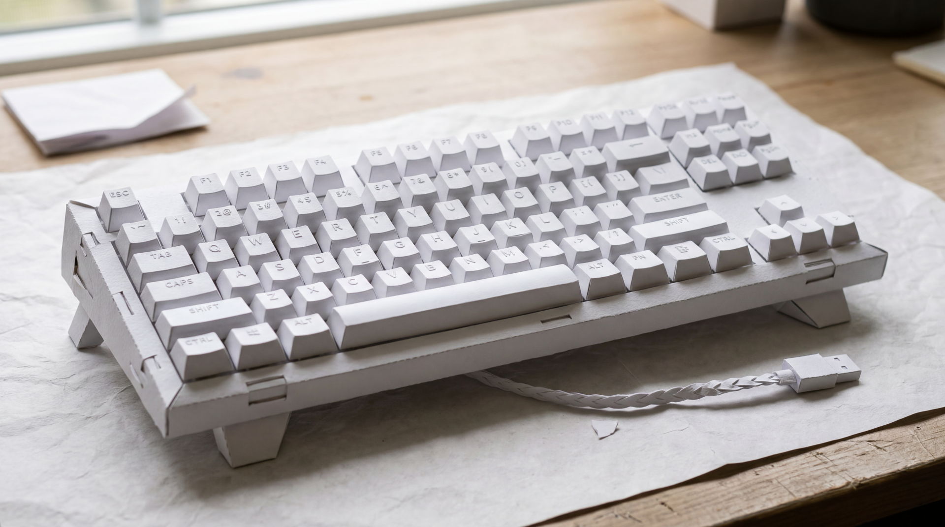 White mechanical keyboard on a wooden desk, high-detail 5K Ultra HD PC desktop wallpaper and background.
