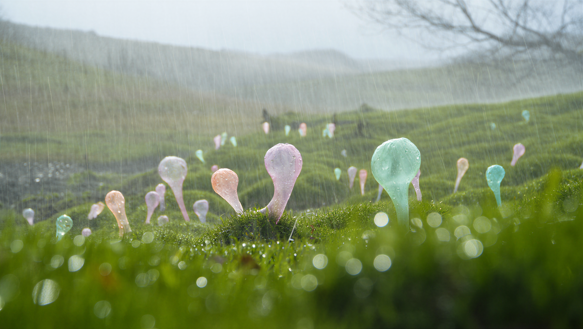 5K Ultra HD PC desktop wallpaper and background: dewy green meadow with pastel translucent, balloon-like growths rising from moss as rain falls and mist veils distant hills.