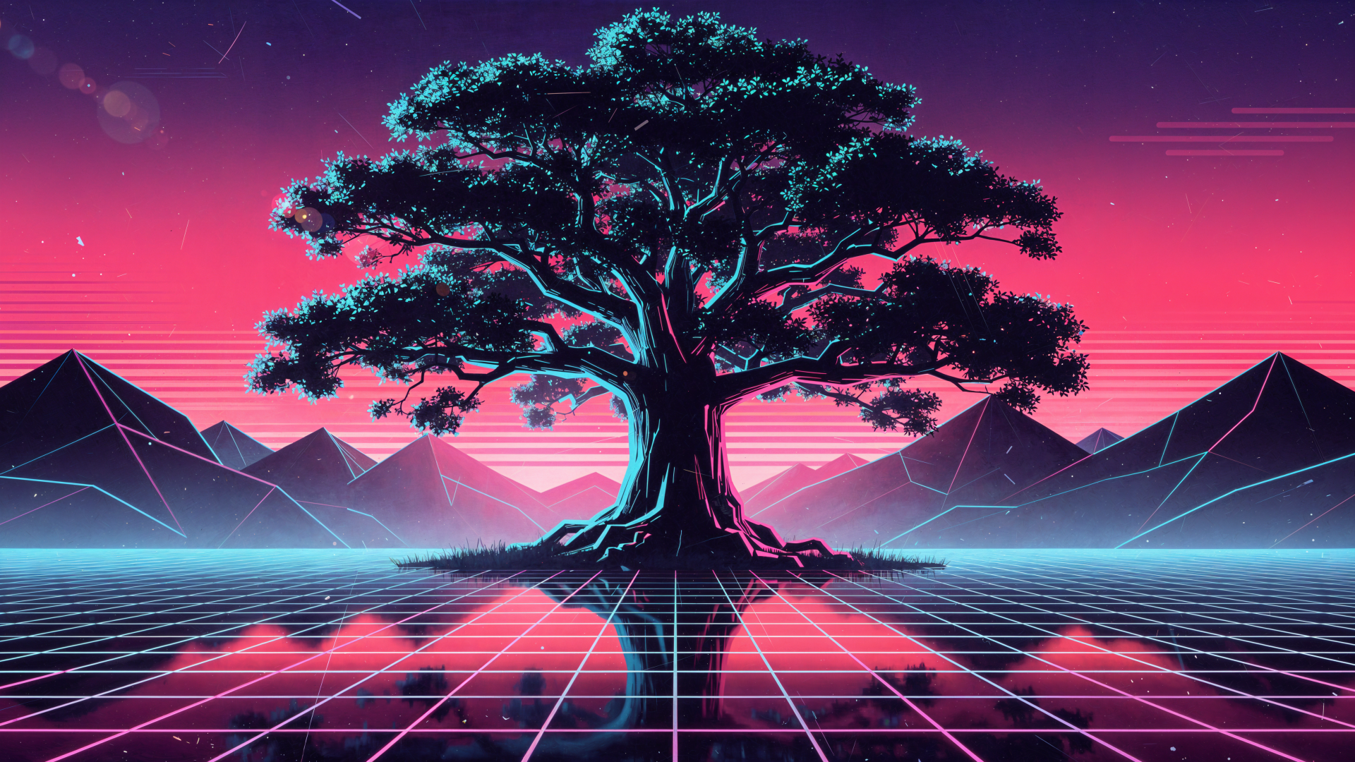 4K Ultra HD PC desktop wallpaper — neon oak tree on a glowing retro-futuristic grid, mirrored reflection, silhouetted mountains beneath a vivid pink-purple sky.