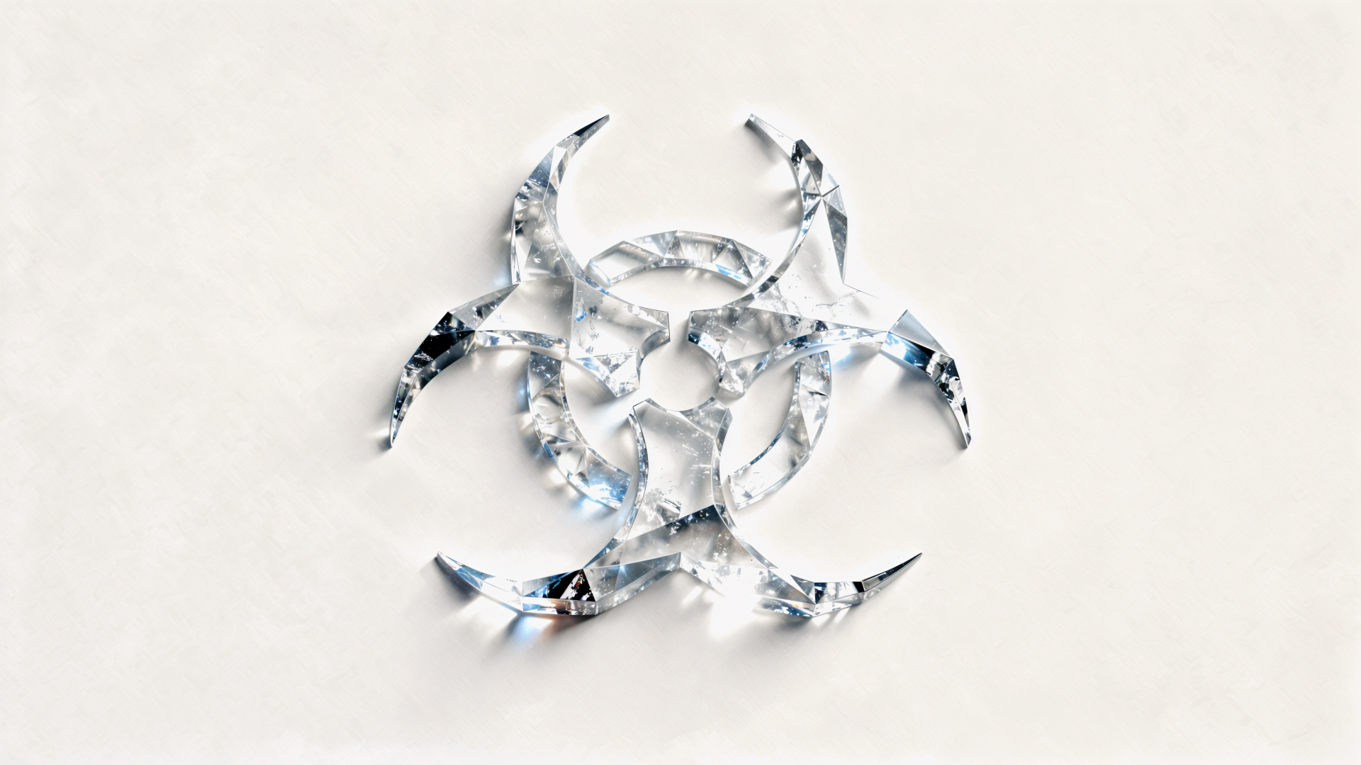 4K Ultra HD PC desktop wallpaper and background — shattered crystal glass forming a biohazard symbol on a clean white backdrop.