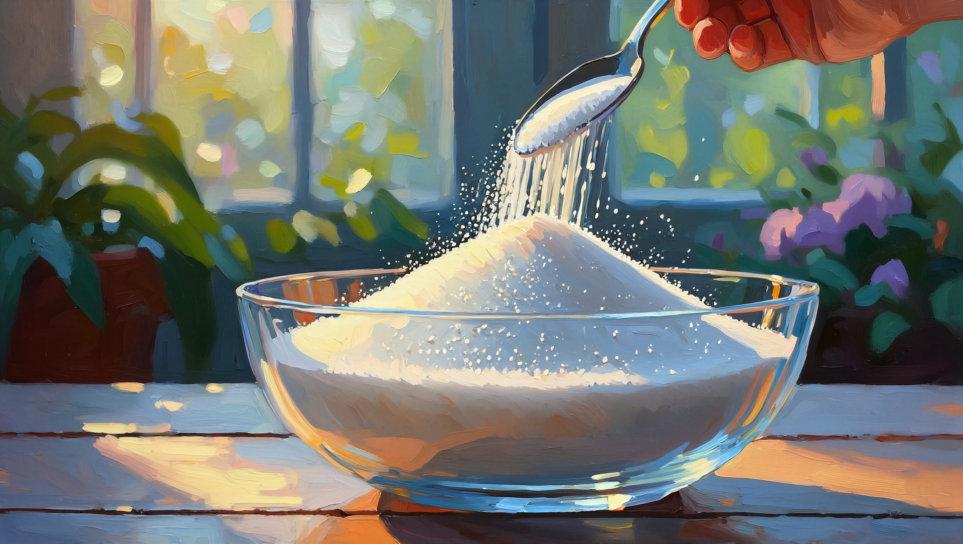 5K Ultra HD PC desktop wallpaper: spoon pouring sugar into a glass bowl on a sunlit windowsill, blurred potted plants in the background.