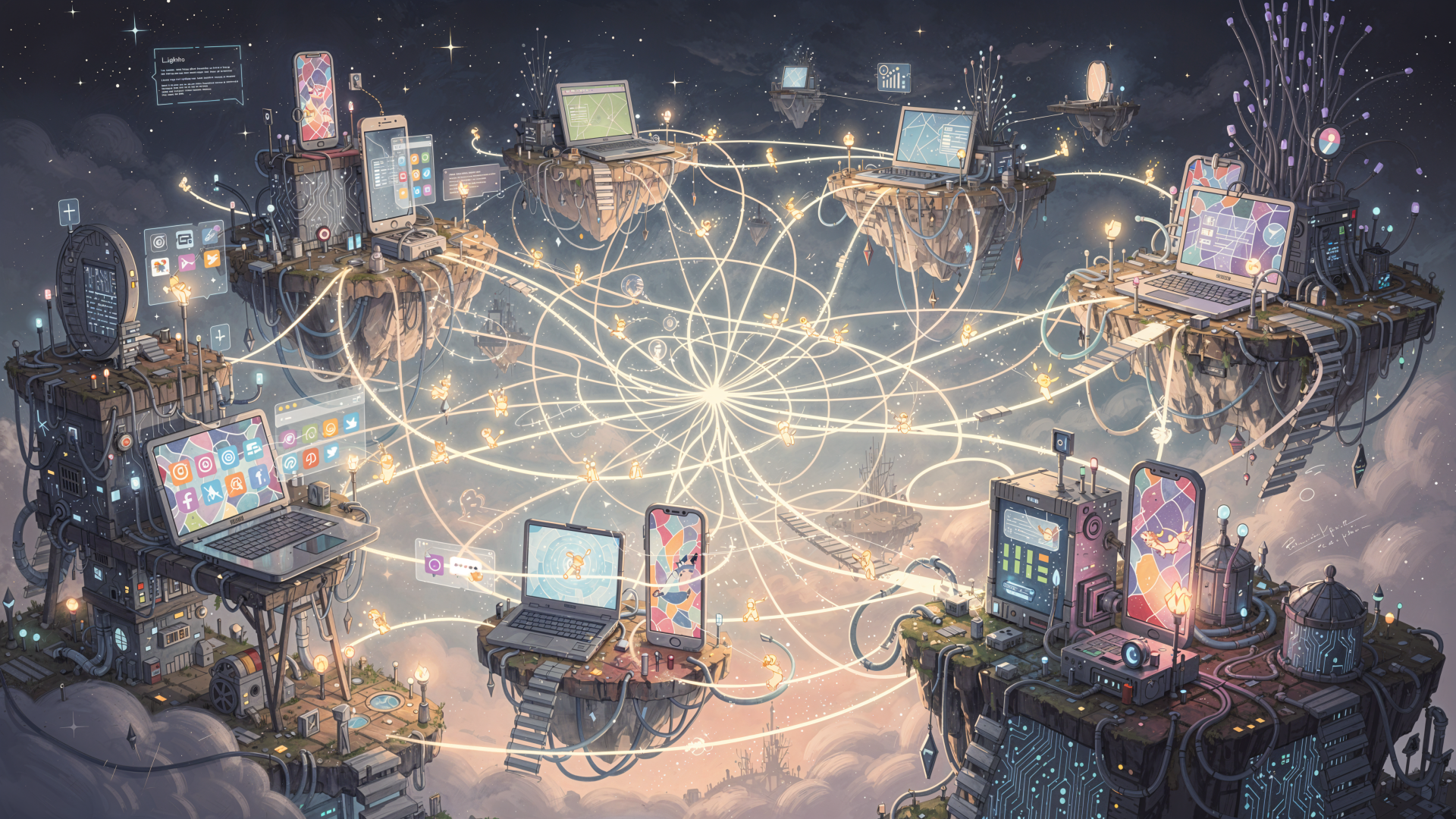 4K Ultra HD PC desktop wallpaper and background: floating islands of computers, phones and servers linked by glowing network threads forming an ethereal internet web across a starry sky.