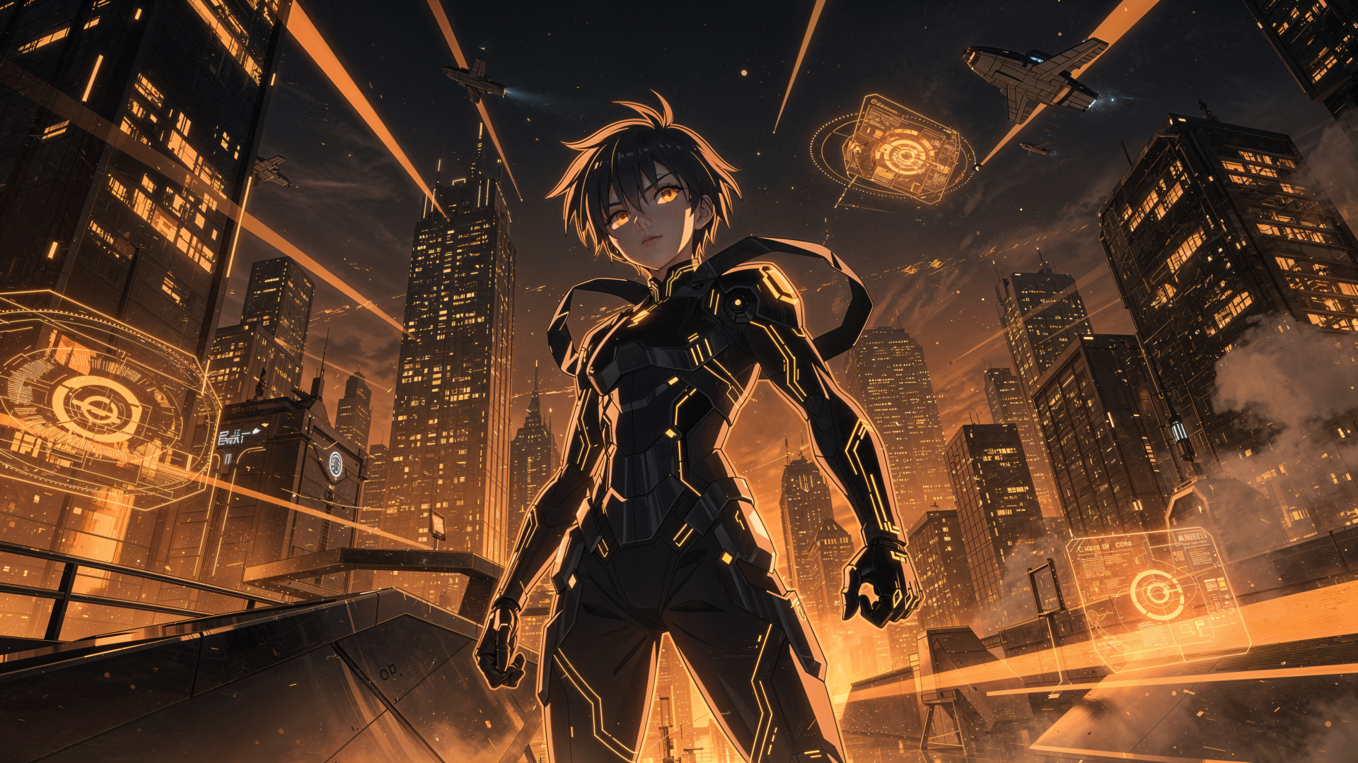 Sci Fi Anime 4K Ultra HD PC desktop wallpaper: armored protagonist stands on a rooftop overlooking an orange-lit futuristic city with holographic displays and drones streaking across the skyline.