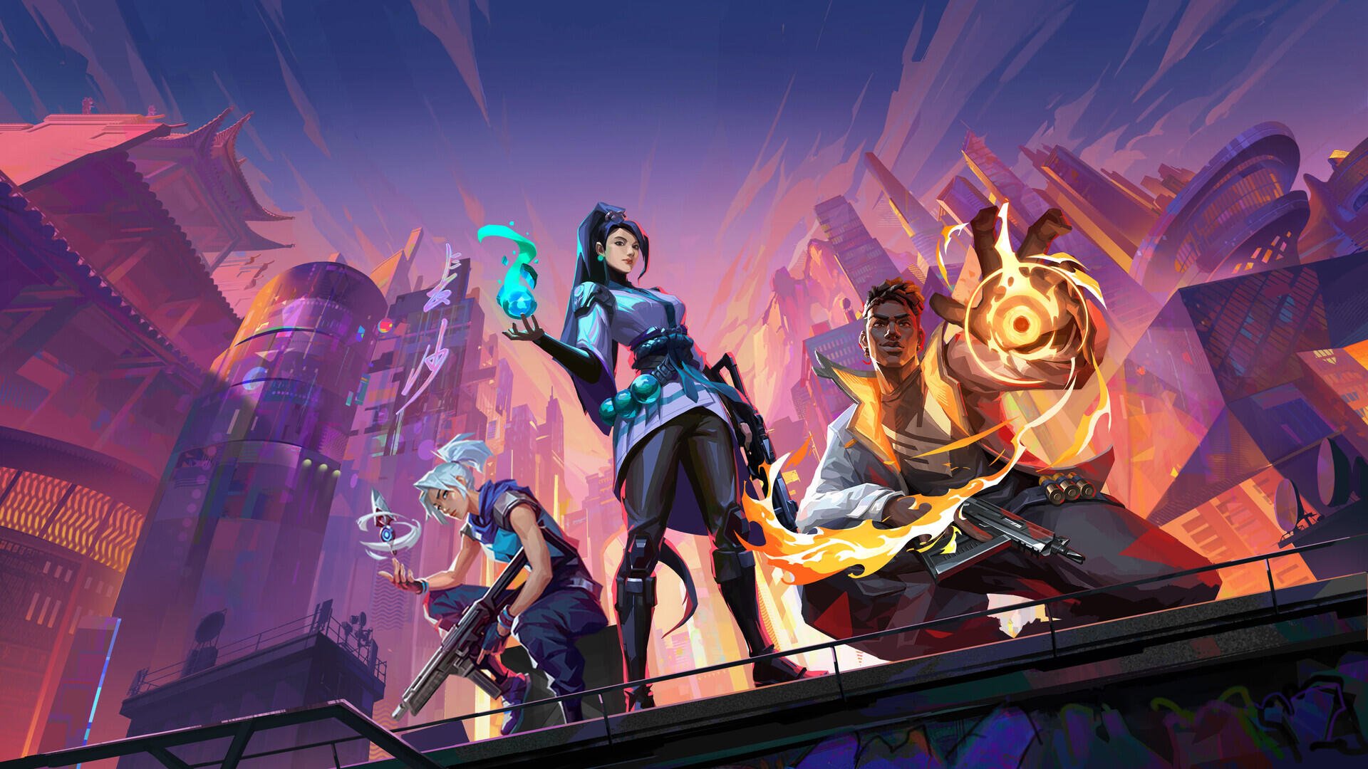 Valorant HD PC desktop wallpaper showing Jett, Sage, and Phoenix standing on a rooftop, ready for combat against a vivid neon city skyline.
