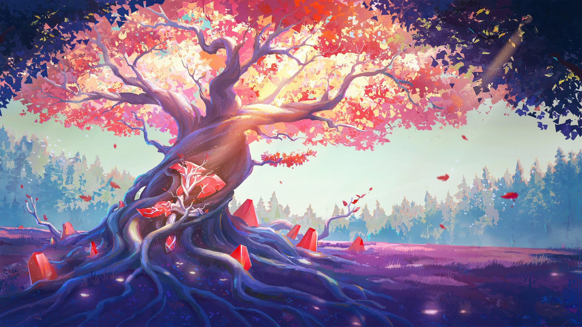 Valorant HD PC desktop wallpaper/background: a luminous, oversized cherry-like tree with twisted roots and red crystal shards, pink petals drifting over a misty purple forest at dawn.