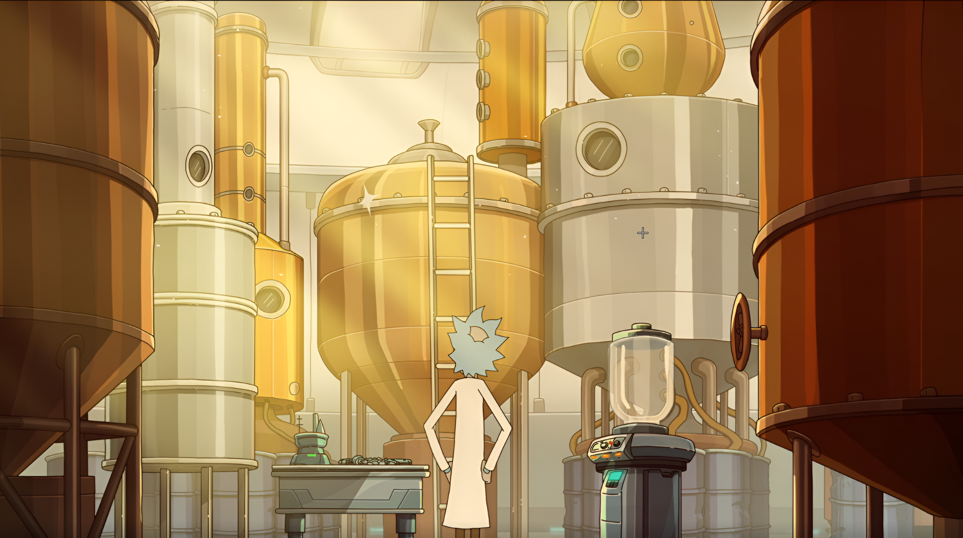 Rick and Morty season 9 TV show 2K Quad HD desktop wallpaper: Rick stands in a vast industrial lab, facing towering metallic tanks, vats, and brewing equipment.