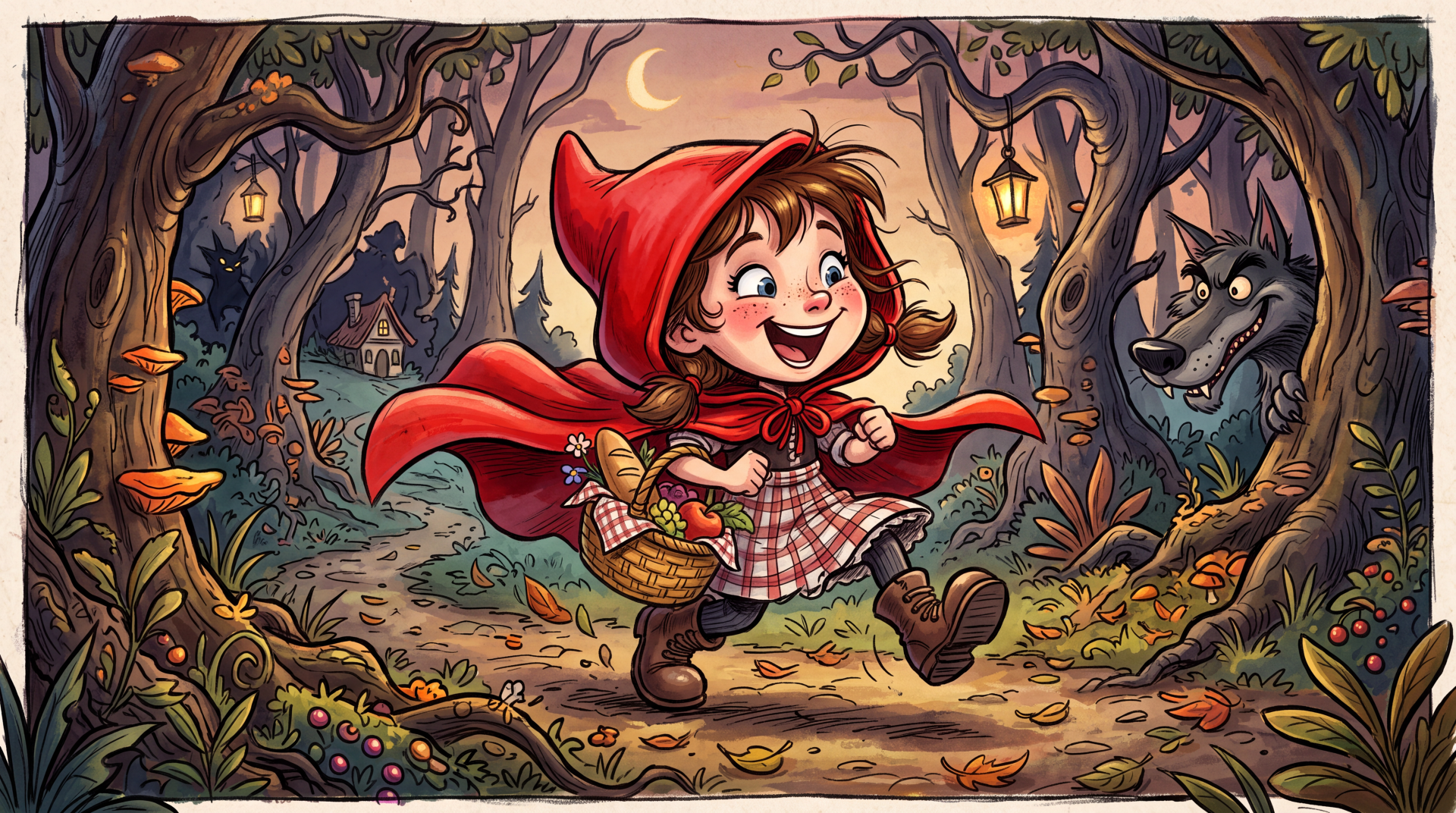 Colorful 5K Ultra HD PC desktop wallpaper of Red Riding Hood: cheerful girl in red cloak carrying a basket through an enchanted forest with glowing lanterns and a wolf lurking behind trees.