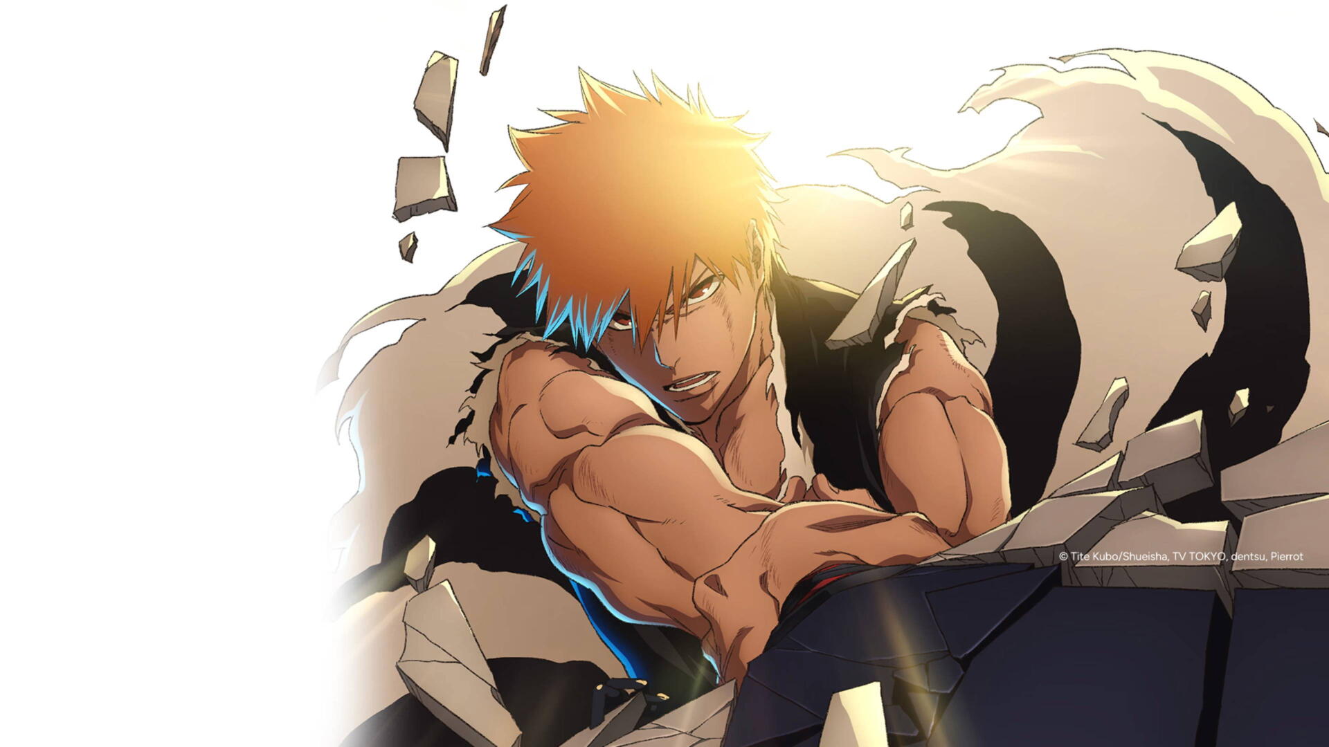 Bleach: Thousand-Year Blood War 4K Ultra HD PC wallpaper/background — Ichigo lunges forward, muscles straining as he smashes through rubble, silhouetted by a fierce, blinding backlight.