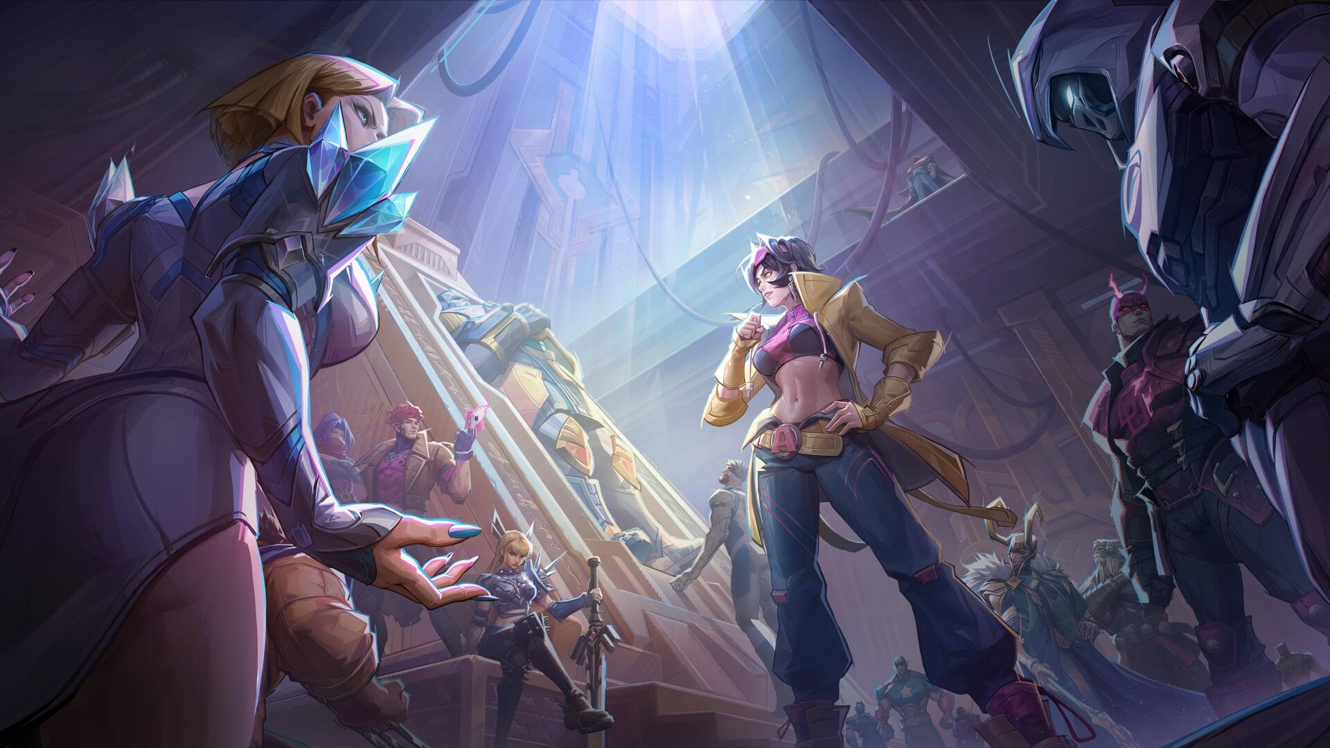 Marvel Rivals 4K Ultra HD PC desktop wallpaper/background: stylized showdown in a ruined arena, lone hero bathed in a shaft of light while rival combatants circle below.
