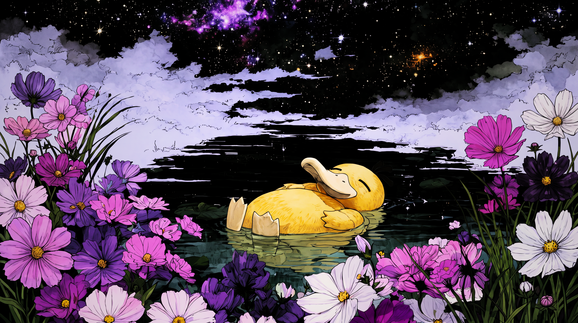 Anime-style Psyduck (Pokémon) floats on a starry lake framed by purple and white flowers beneath a lucid-dream sky - 5K Ultra HD PC desktop wallpaper/background.