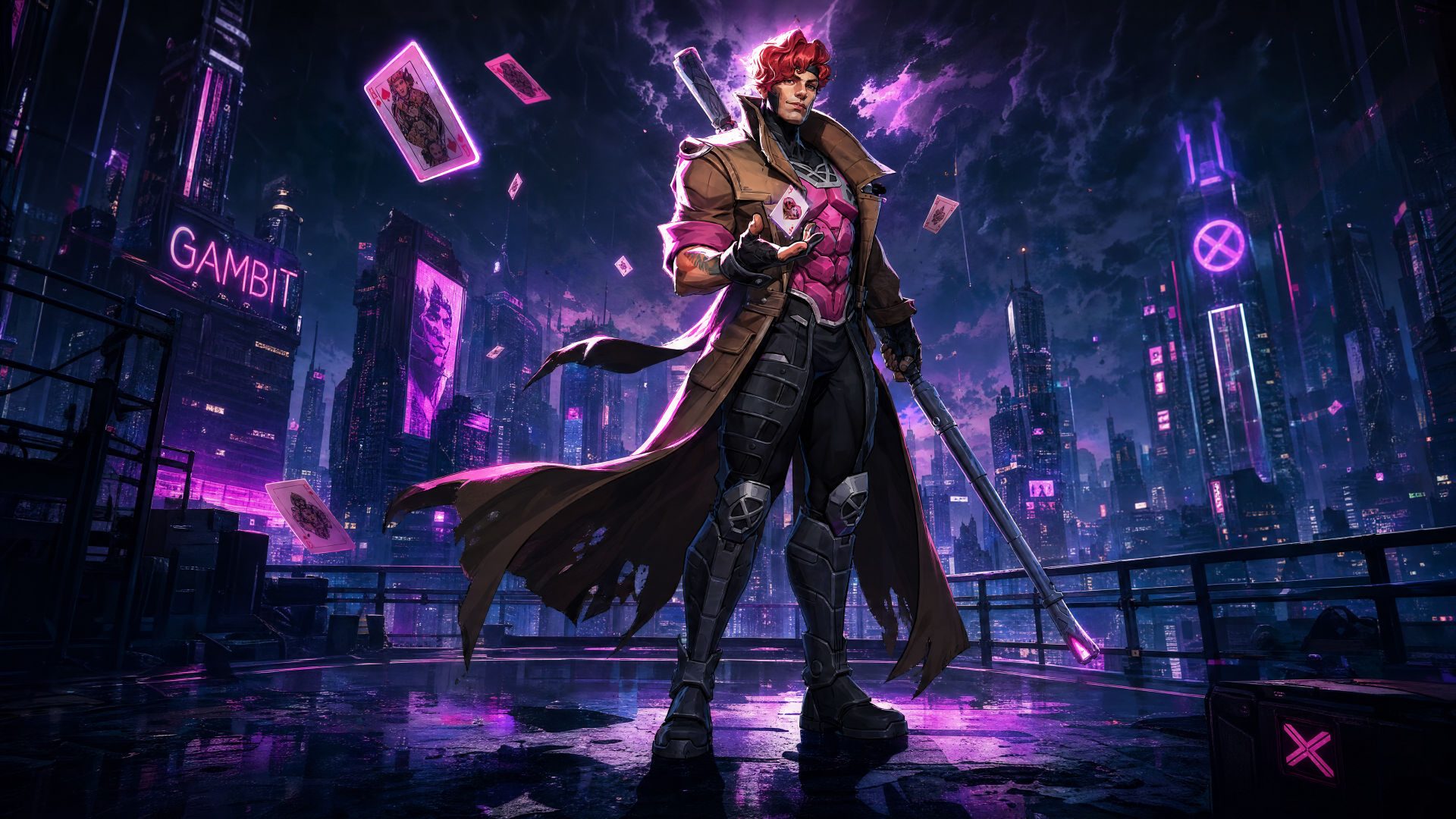 Gambit from the Marvel Rivals video game stands on a rain‑slick rooftop clutching charged playing cards and a staff, neon‑lit futuristic city skyline behind — 4K UHD PC wallpaper/background.