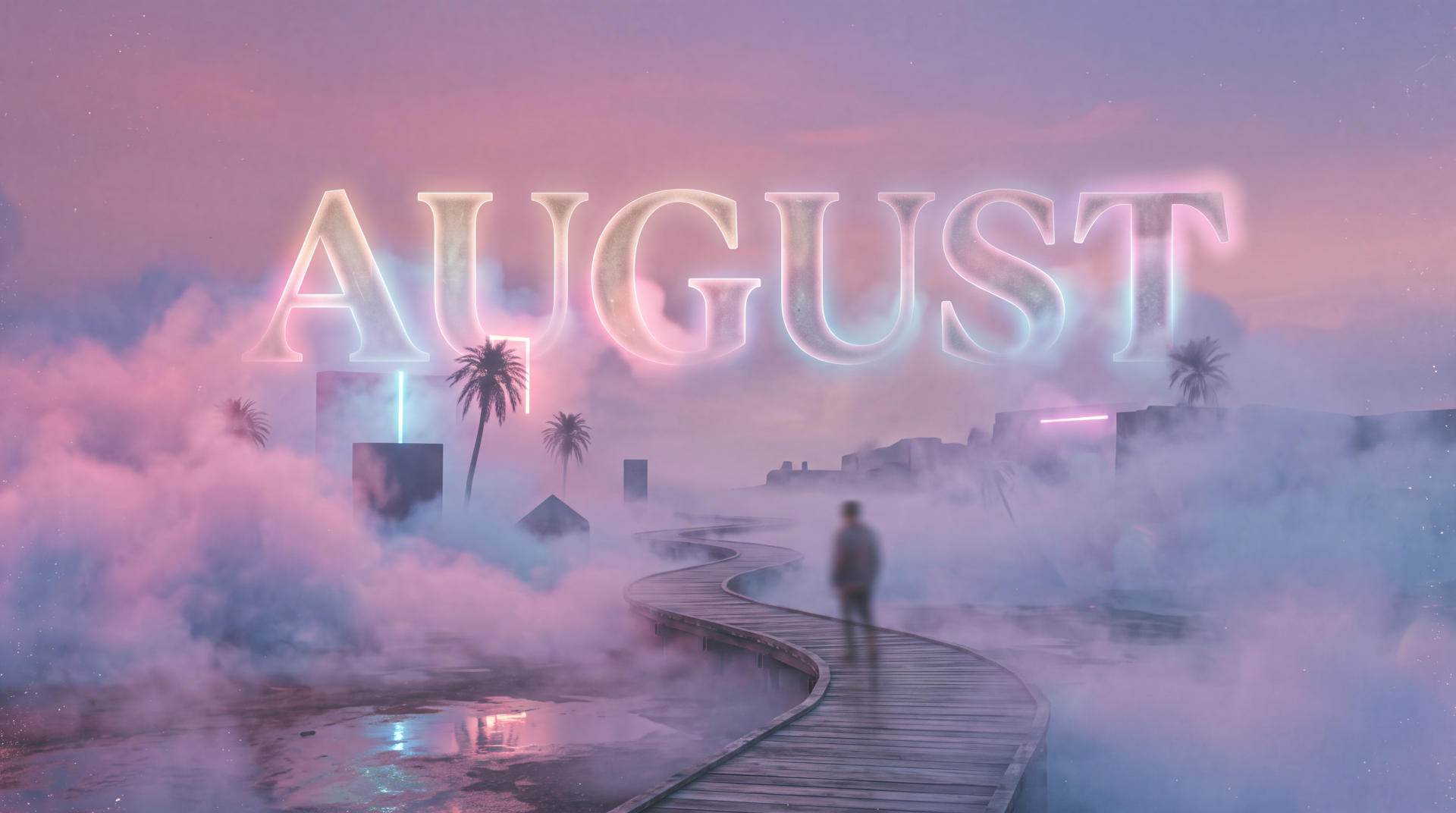 5K Ultra HD PC desktop wallpaper & background: dreamy August scene with neon AUGUST floating above a misty boardwalk, lone silhouette, palm trees and pastel sunset clouds.