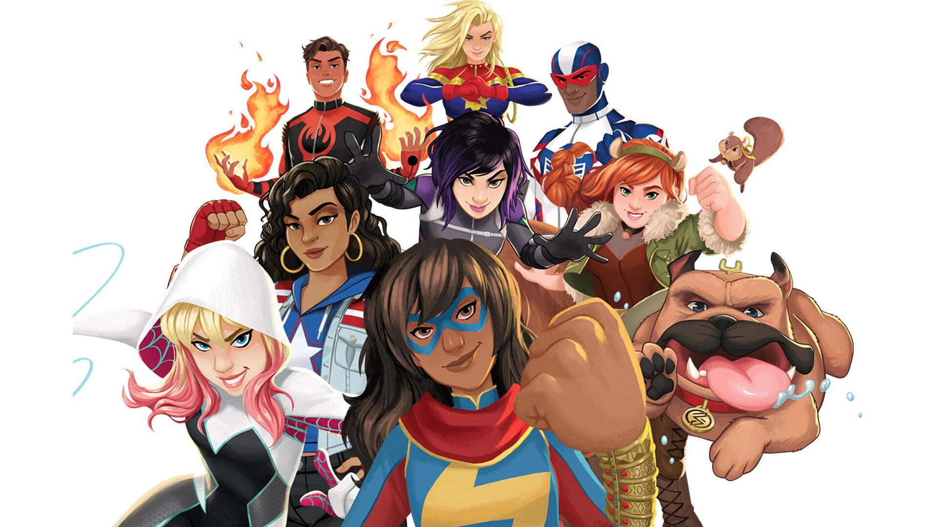 Marvel Rising HD PC desktop wallpaper: comic-style group portrait of young heroes with Ms. Marvel front and center, joined by Squirrel Girl, Captain Marvel and their teammates.