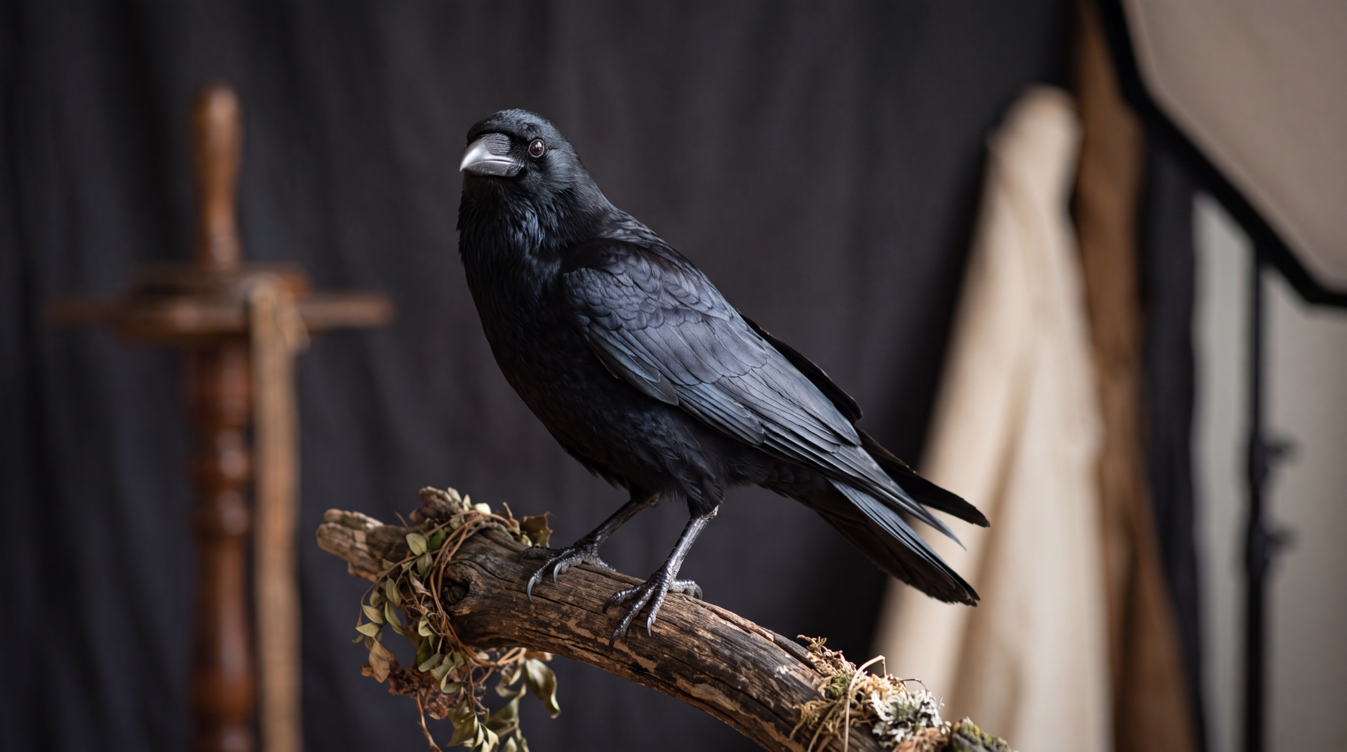 Black crow perched on a moss-covered branch in dramatic light — 5K Ultra HD PC desktop wallpaper and background.
