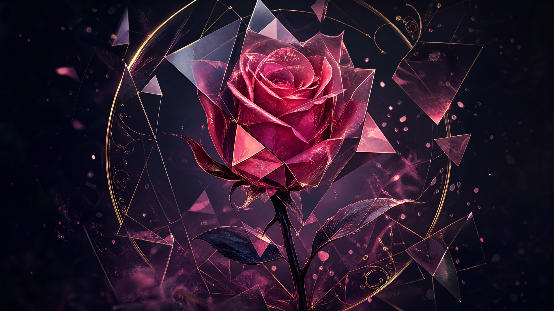 4K Ultra HD PC desktop wallpaper: an enchanted crimson rose encased in crystalline shards, framed by glowing golden rings and floating sparkles on a dark backdrop.