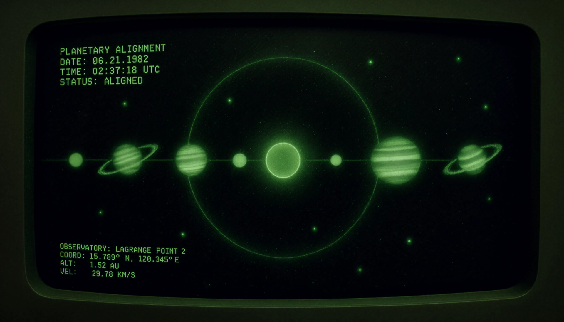 Green CRT-style 5K Ultra HD PC desktop wallpaper showing planetary alignment: a glowing central star with six orbiting planets and retro console readout reading STATUS: ALIGNED.
