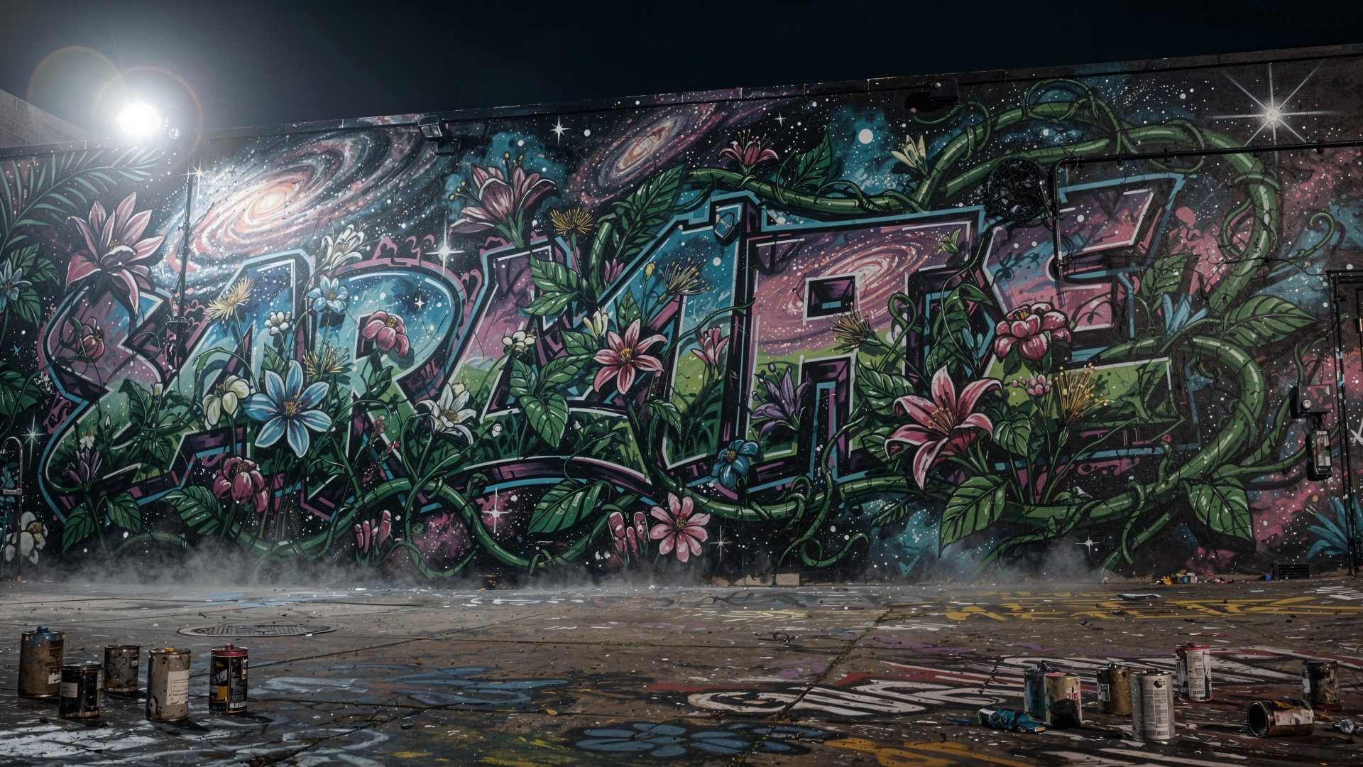 Graffiti wall featuring cosmic swirls, entwined vines and pink flowers at night — 4K Ultra HD PC desktop wallpaper and background.