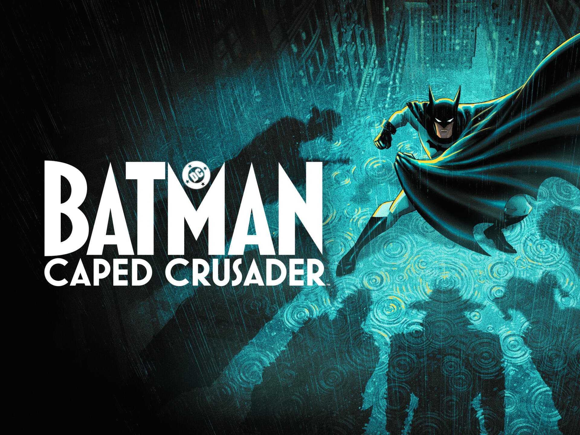 Batman: Caped Crusader TV show wallpaper — dynamic 2K Quad HD PC desktop background of Batman swooping over a stylized teal-lit city with flowing cape and bold logo.
