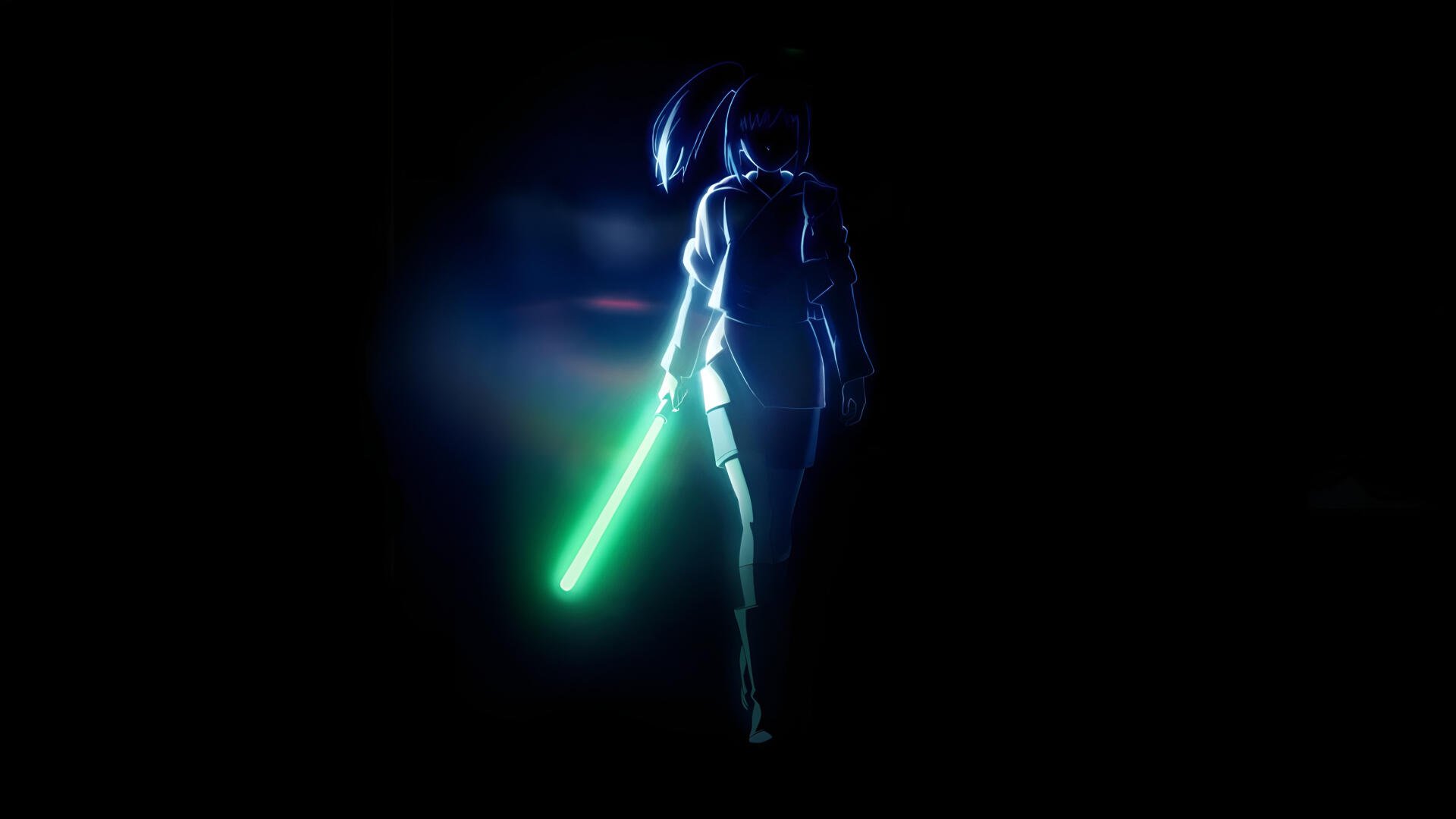 Star Wars: Visions Presents - The Ninth Jedi 4K Ultra HD PC desktop wallpaper and background: silhouetted figure with glowing green lightsaber emerging from darkness, rim-lit in blue.