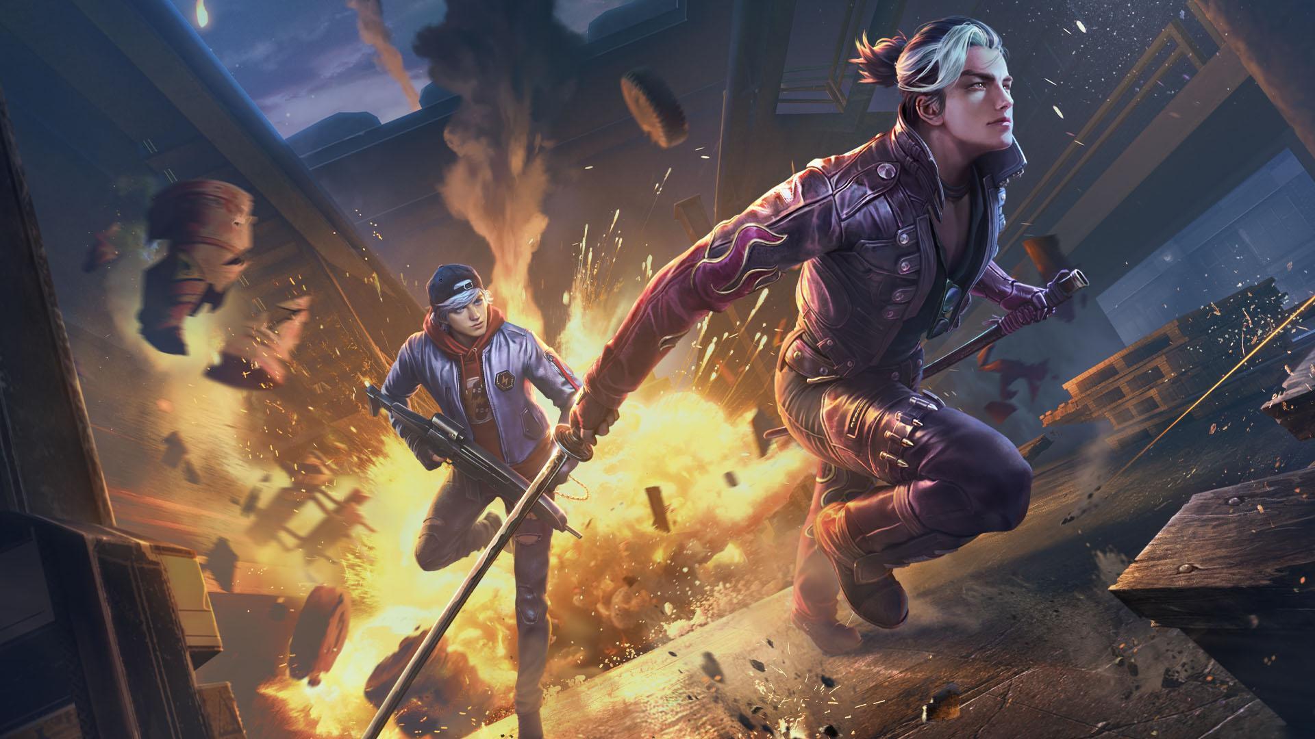 HD PC desktop wallpaper of Garena Free Fire warriors leaping through debris amid a fiery explosion in an intense battle scene.