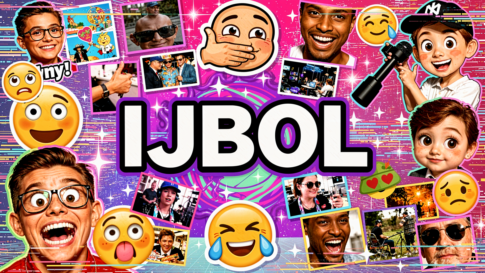 Vibrant 4K Ultra HD PC desktop wallpaper collage featuring bold IJBOL text, emoji faces (laughing, surprised, shocked), scattered photo thumbnails over a sparkly pink background.
