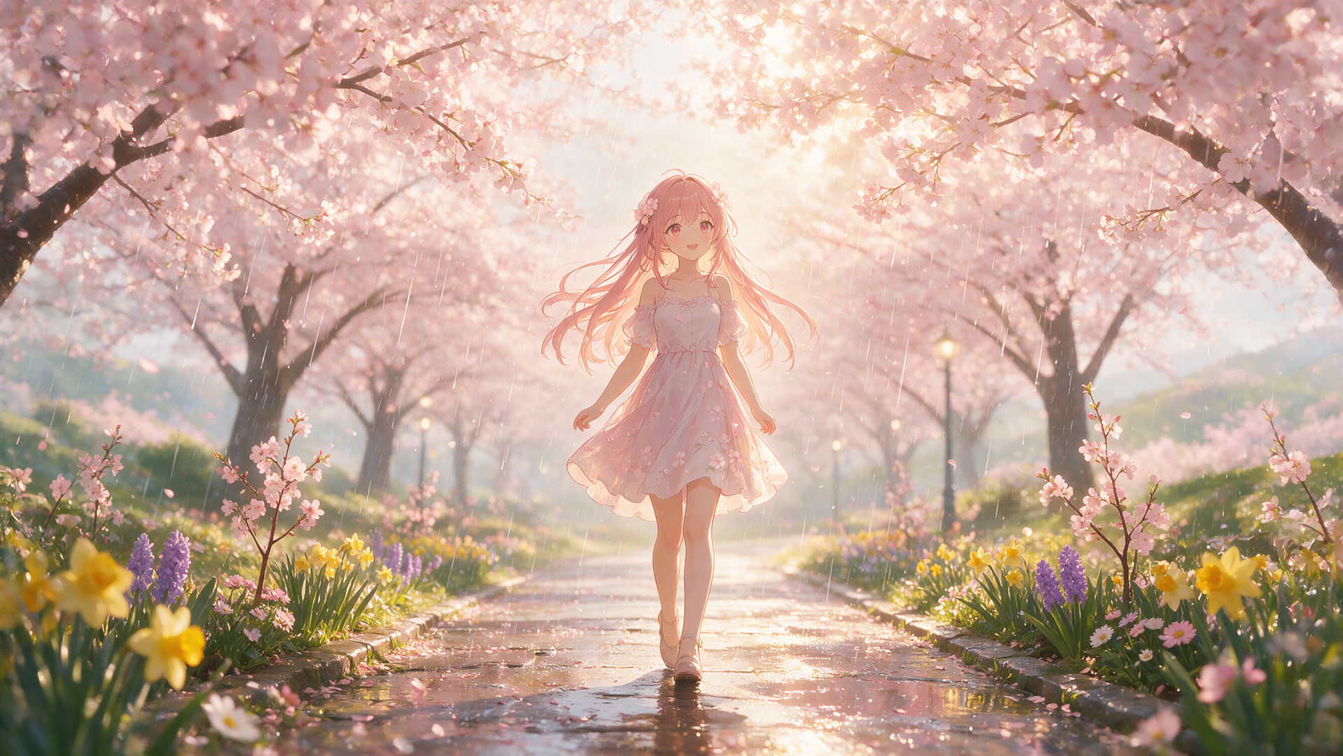 2K Quad HD PC desktop wallpaper, anime girl walking down a cherry-blossom path in spring, pink petals drifting as sunlight filters through blooming trees.