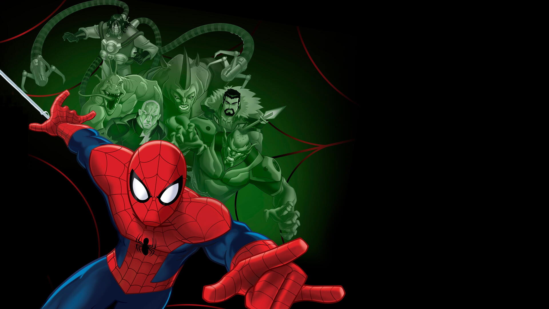 Ultimate Spider-Man lunges forward with a green-tinged villain lineup behind — 4K Ultra HD PC desktop wallpaper and background.