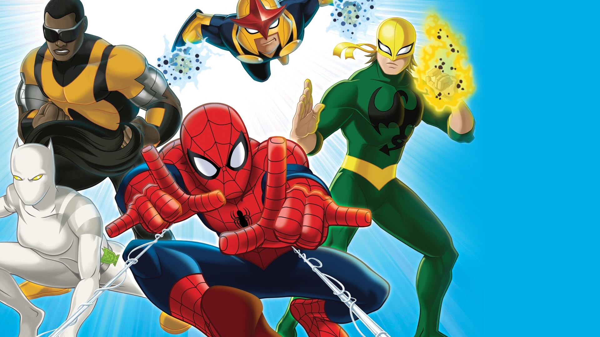 Ultimate Spider-Man (TV Show) 4K Ultra HD PC desktop wallpaper: Spider-Man swings center with his superhero teammates against a bright blue energy backdrop.