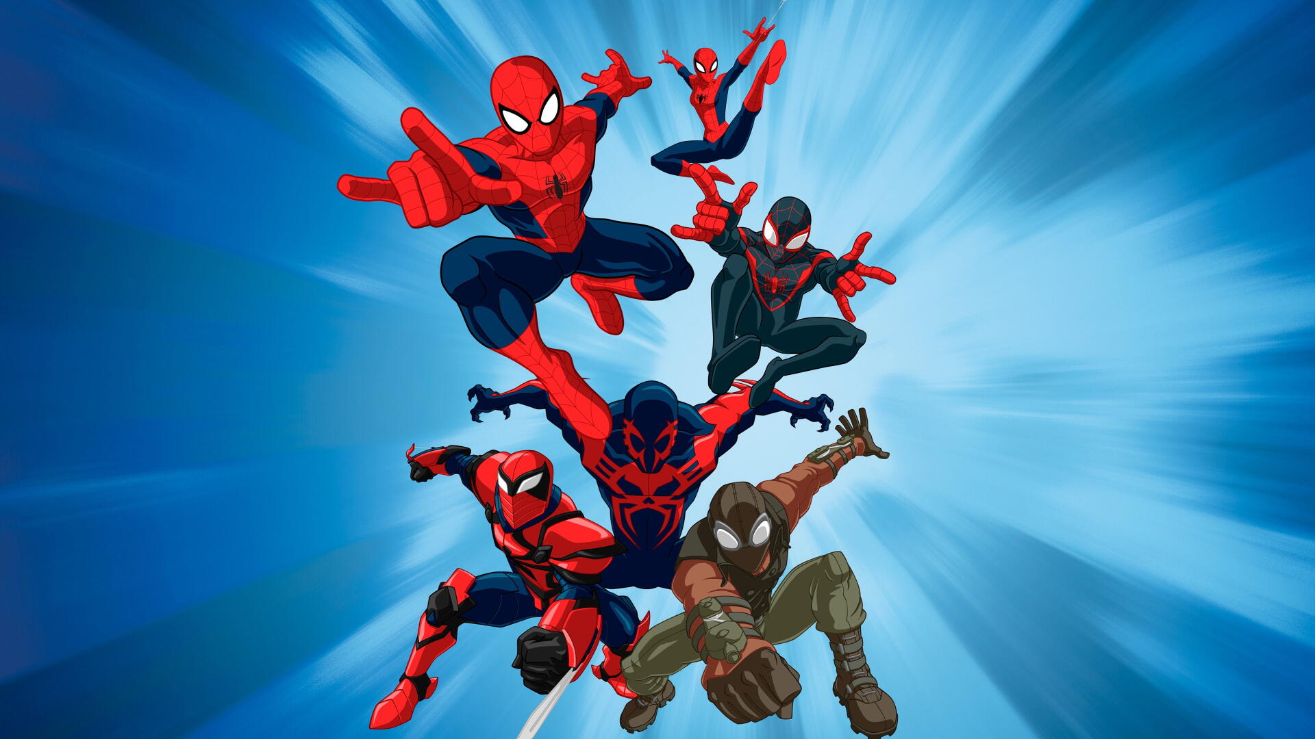 Ultimate Spider-Man (TV Show) 4K Ultra HD PC desktop wallpaper/background: five Spider-Man variants leaping toward the viewer on a blue radial burst backdrop.