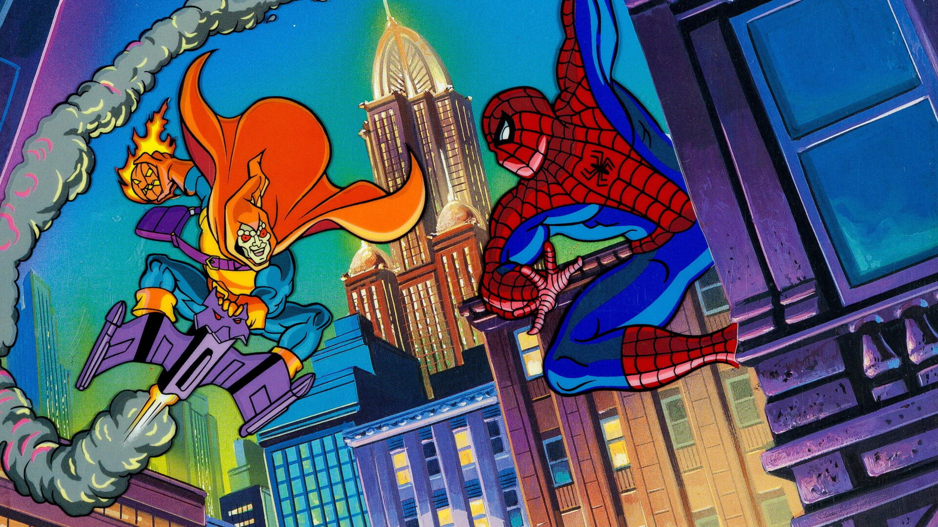 Spider-Man: The Animated Series 2K Quad HD PC desktop wallpaper — Spider-Man swings past neon skyscrapers as a cape-clad villain on a glider charges from above.