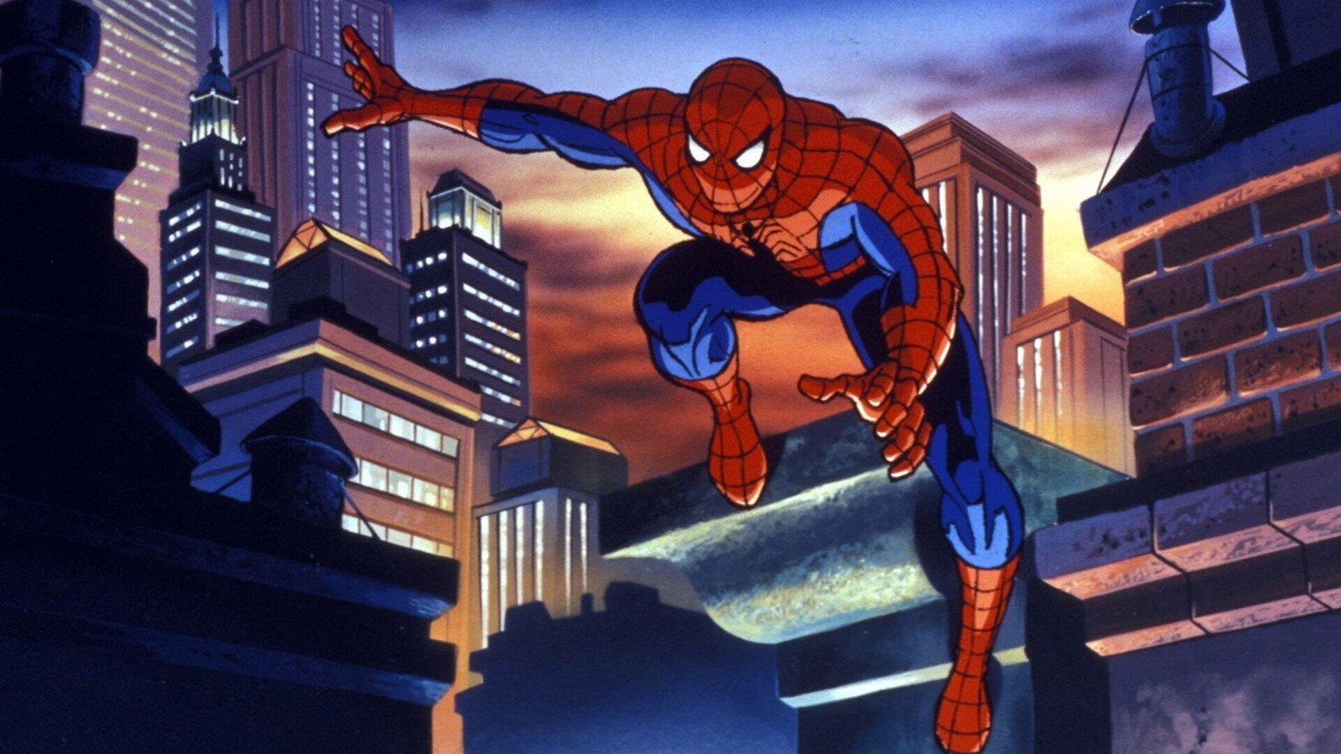 Spider-Man from Spider-Man: The Animated Series leaps across rooftops at dusk with a lit city skyline — HD PC desktop wallpaper/background.