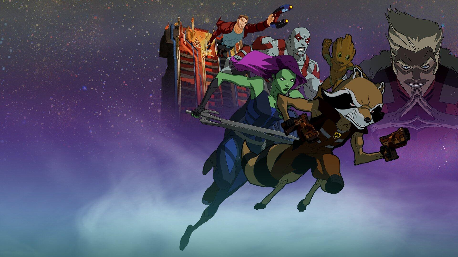 HD PC desktop wallpaper of Marvel's Guardians of the Galaxy: stylized team—Star-Lord, Gamora, Drax, Rocket and Groot—leap against a purple, starry cosmic background.