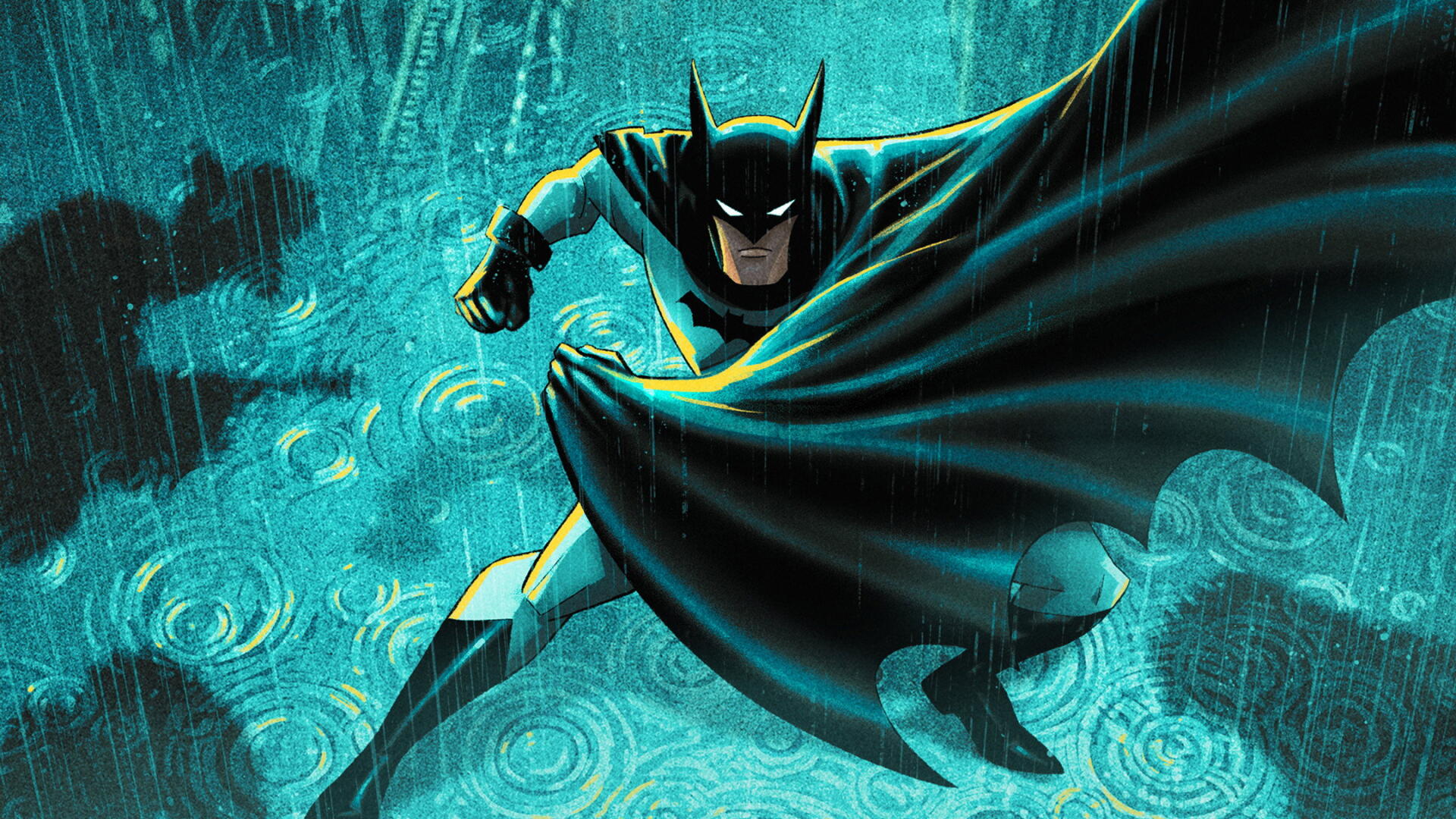 HD PC desktop wallpaper: Batman: Caped Crusader lunging through teal rain, cape unfurled, brooding mask and stylized Gotham textures in the background.