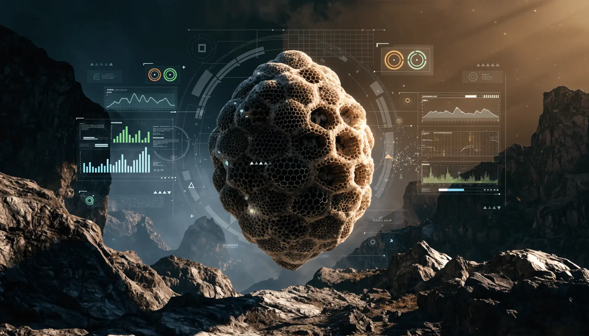 Futuristic floating beehive structure above a rocky alien landscape with holographic HUD overlays — 4K Ultra HD PC desktop wallpaper and background.