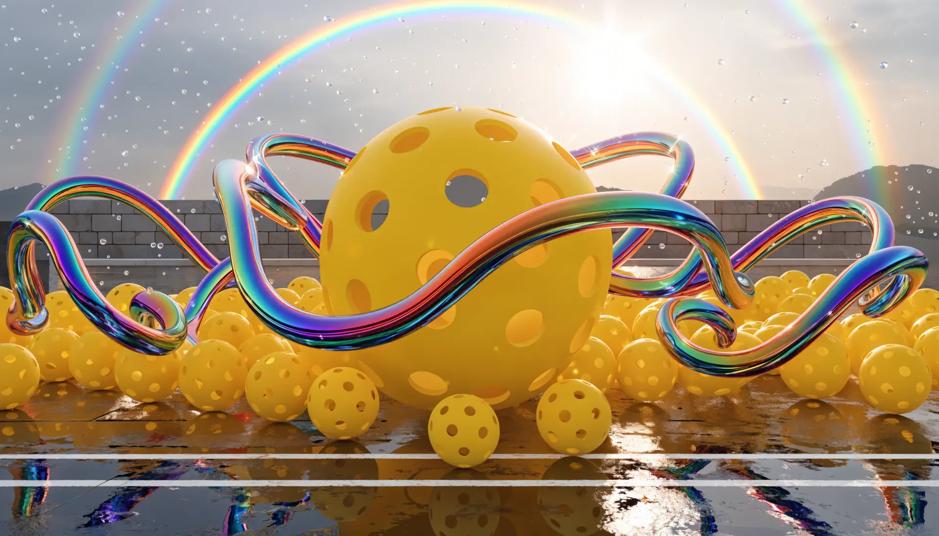 4K Ultra HD PC desktop wallpaper and background: surreal pickleball scene with a giant yellow wiffle ball, many smaller balls on a glossy court, iridescent ribbons and a double rainbow.