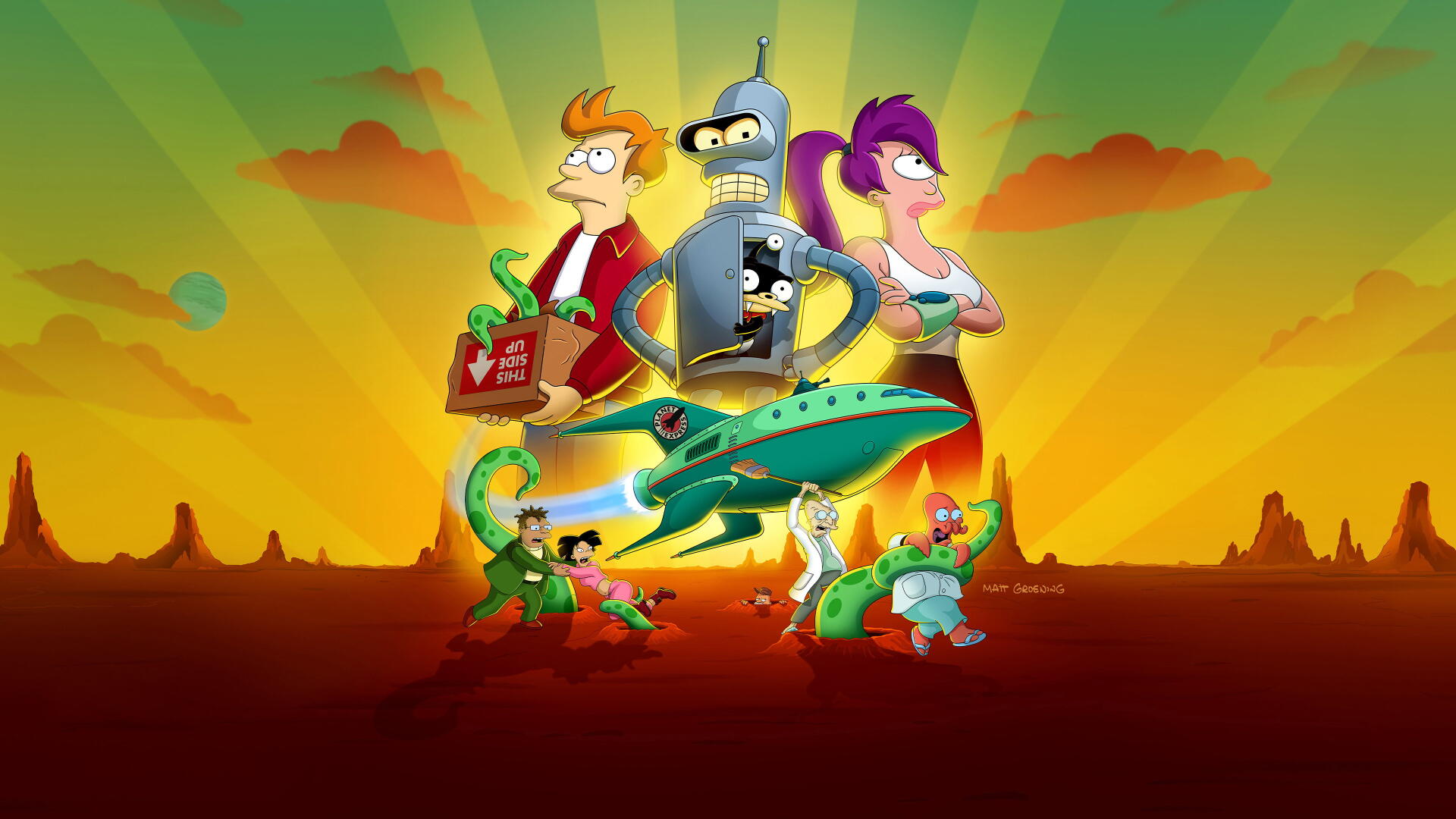 Futurama cast (Fry, Bender, Leela and crew) with the Planet Express ship at sunset — 4K Ultra HD PC desktop wallpaper background.
