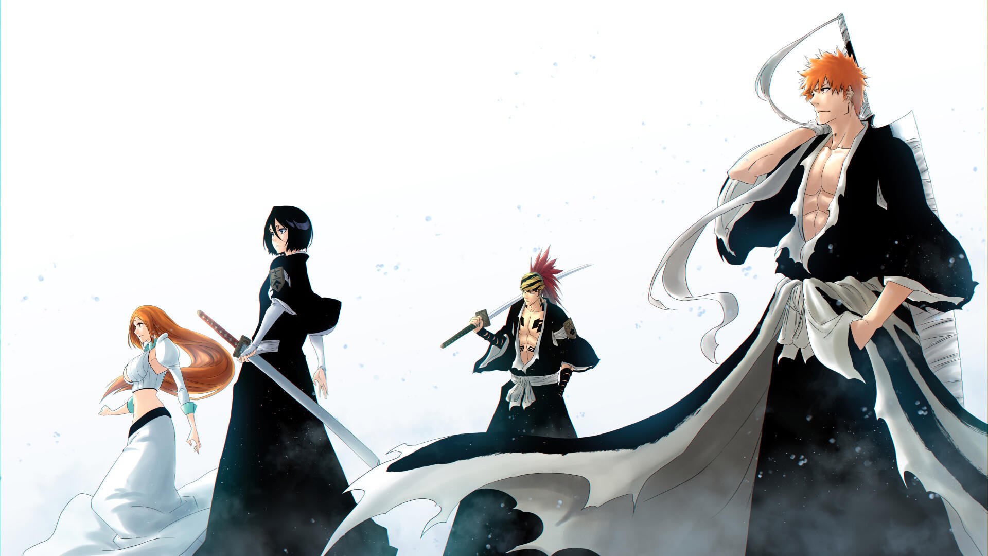 Bleach: Thousand-Year Blood War 8K Ultra HD PC wallpaper—Ichigo, Rukia, Orihime and Renji in flowing shinigami robes posed against a minimalist white background.
