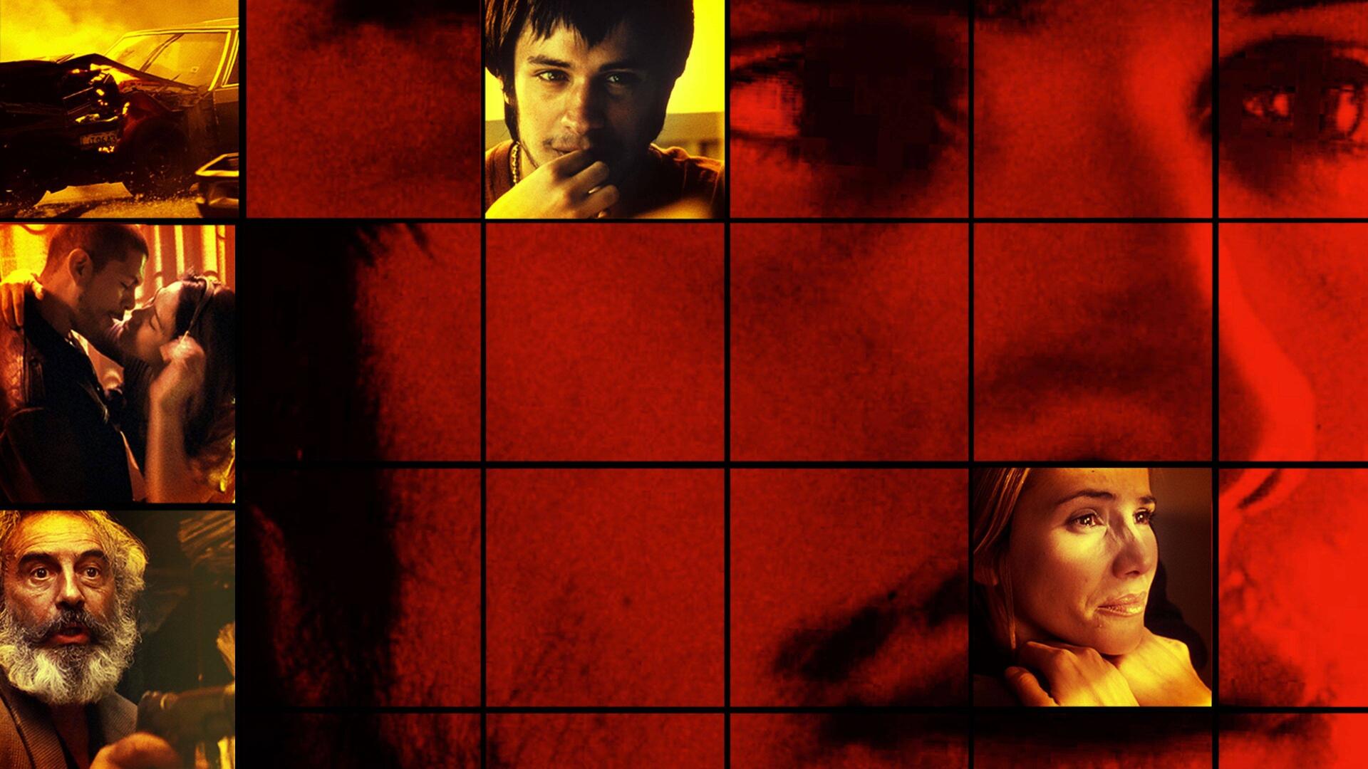 Amores Perros 4K Ultra HD PC desktop wallpaper: red-toned tiled grid of cinematic close-ups—faces, eyes and gritty urban scenes forming a dramatic background.