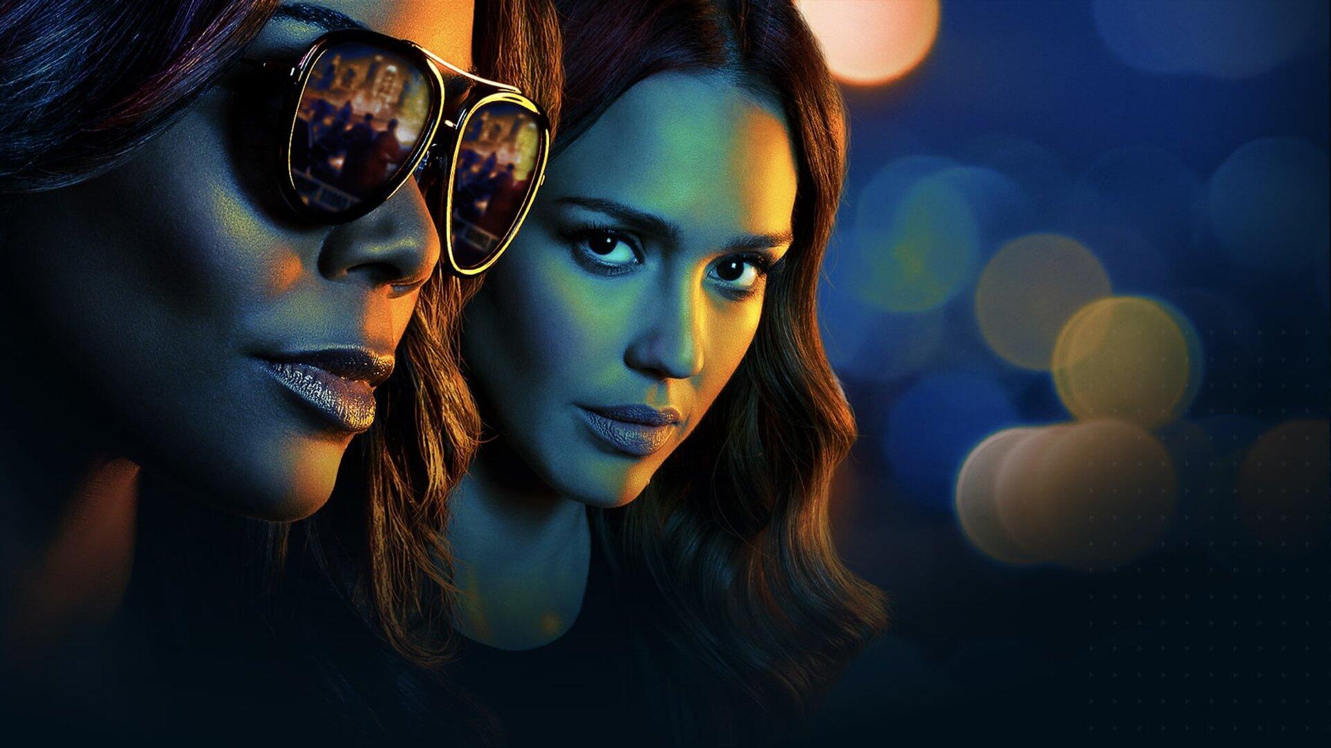 HD PC desktop wallpaper for L.A.'s Finest: close-up of two female detectives—one in sunglasses—bathed in moody blue light with blurred city bokeh in the background.