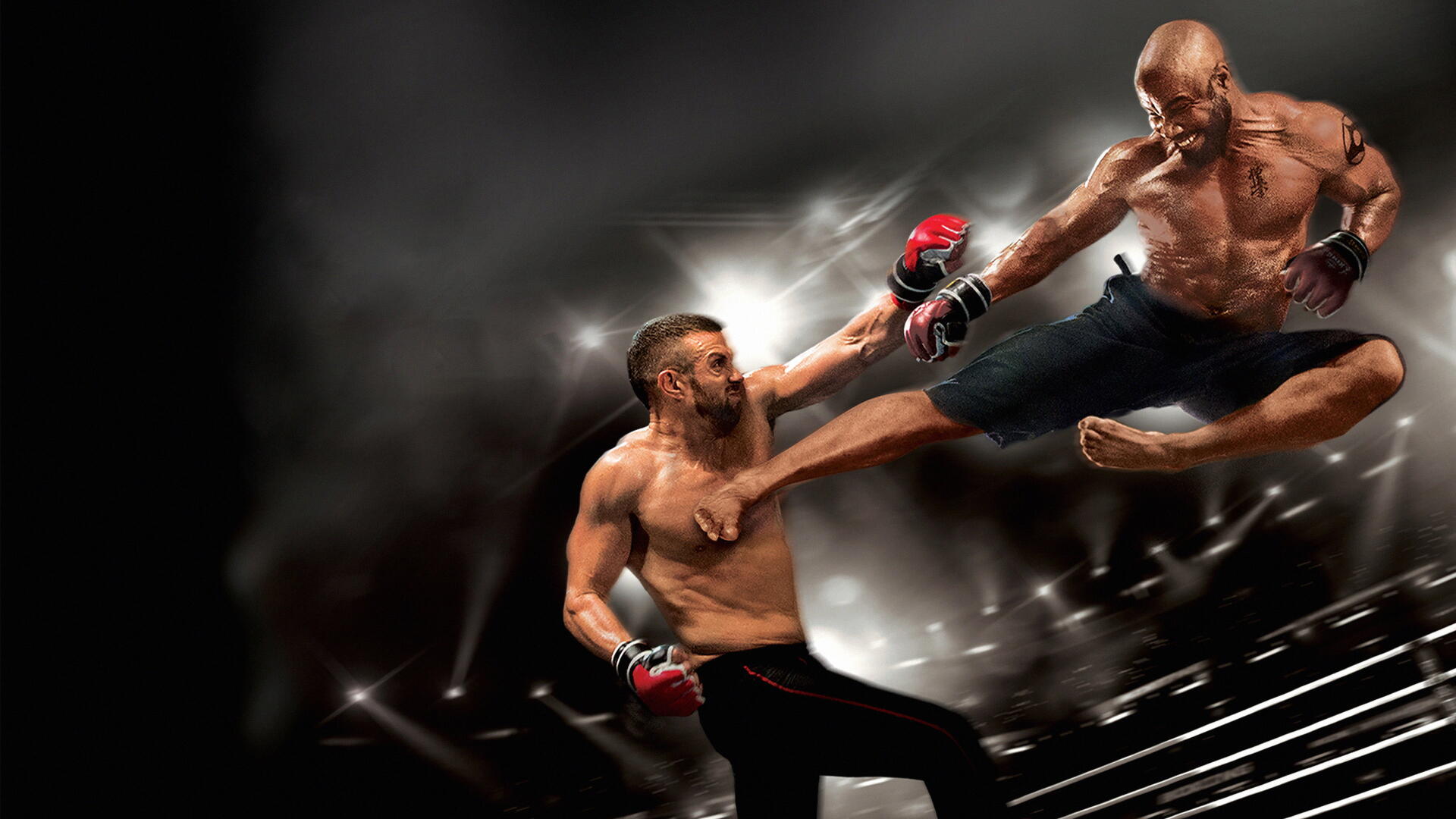 Never Back Down 3 4K Ultra HD PC desktop wallpaper: two shirtless MMA fighters mid-air exchange of kick and punch in a spotlighted ring with smoke and dramatic lighting.