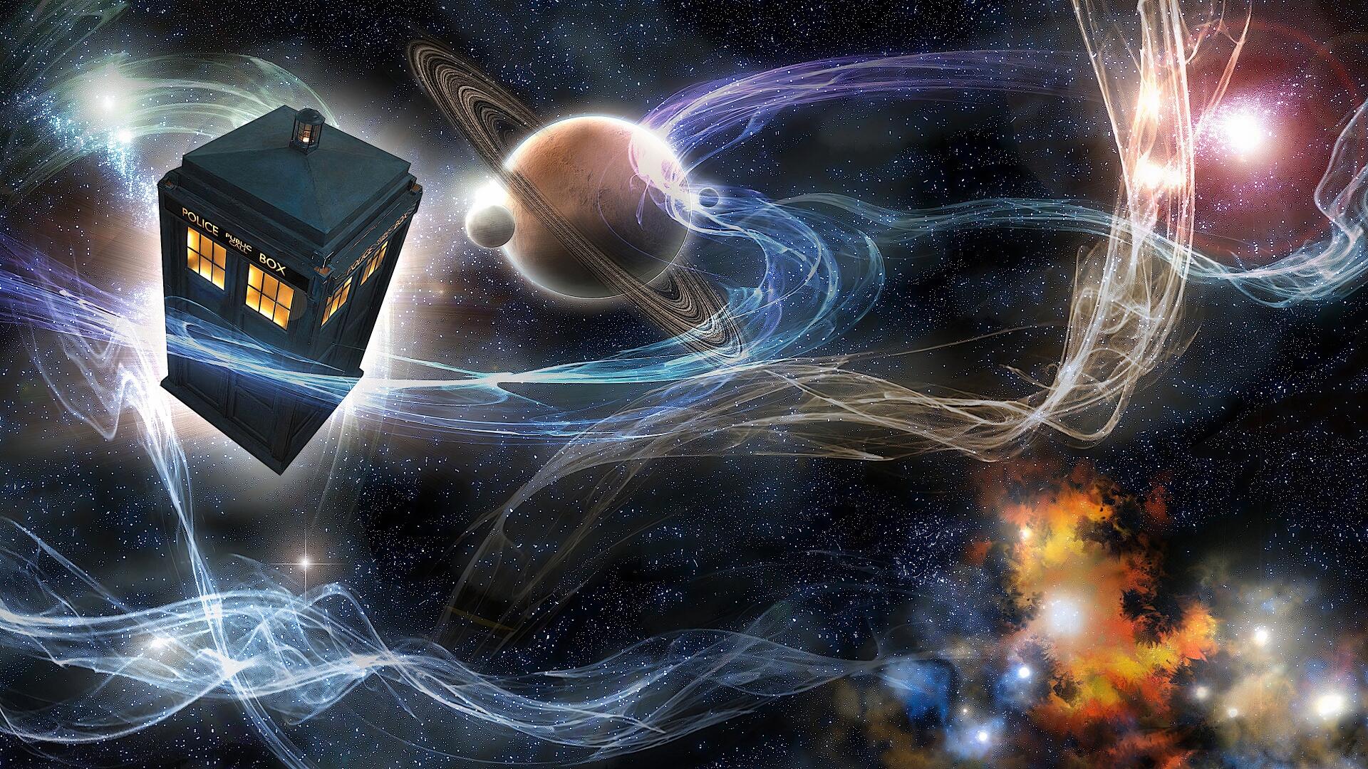 Doctor Who (2005) 4K Ultra HD PC desktop wallpaper: the TARDIS drifting through swirling cosmic nebulae, planets and luminous time-energy trails against a starfield.