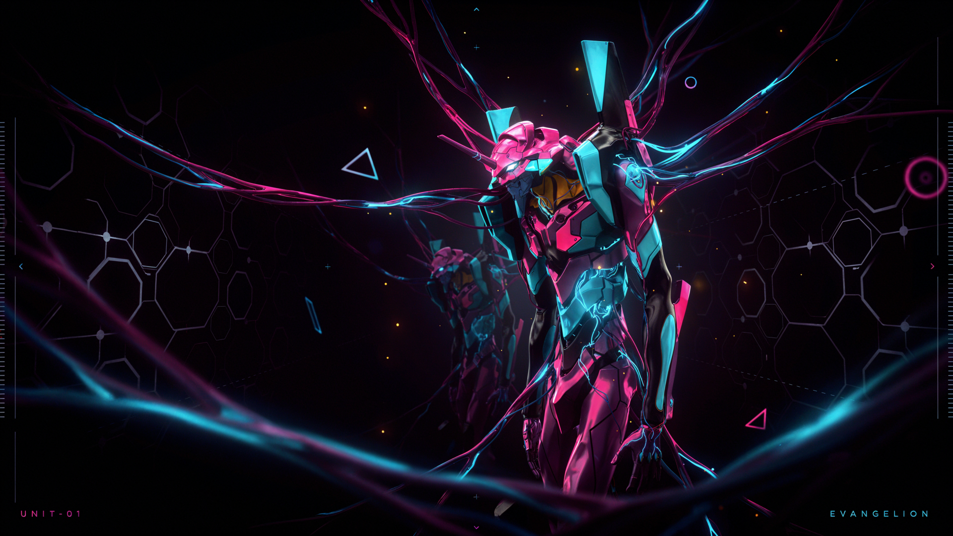 Neon Genesis Evangelion–inspired neon cyborg in pink and teal, cables and shards erupting amid hexagonal voids, glowing trails — 4K Ultra HD PC desktop wallpaper/background.
