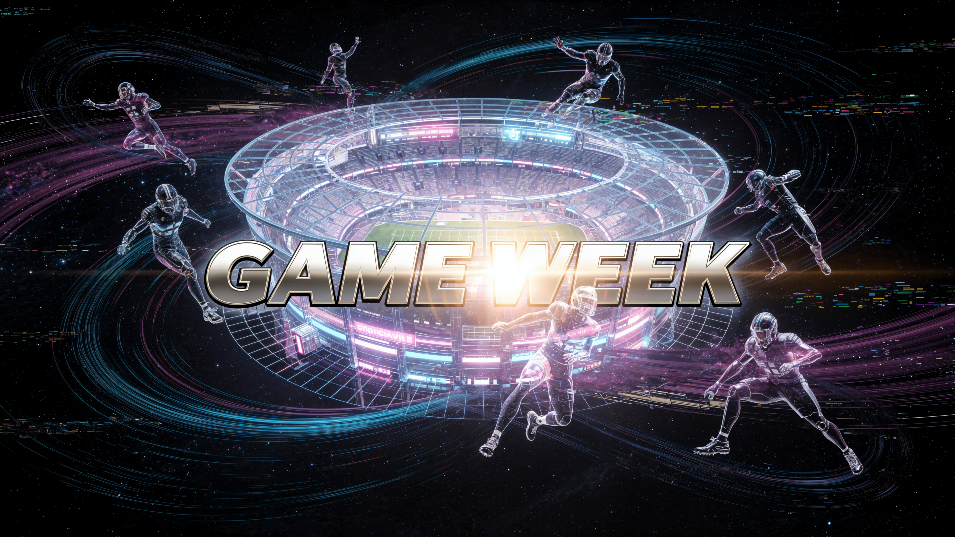 4K Ultra HD PC desktop wallpaper/background: futuristic glowing stadium with bold GAME WEEK metallic text and dynamic soccer player silhouettes orbiting in streaks of light.