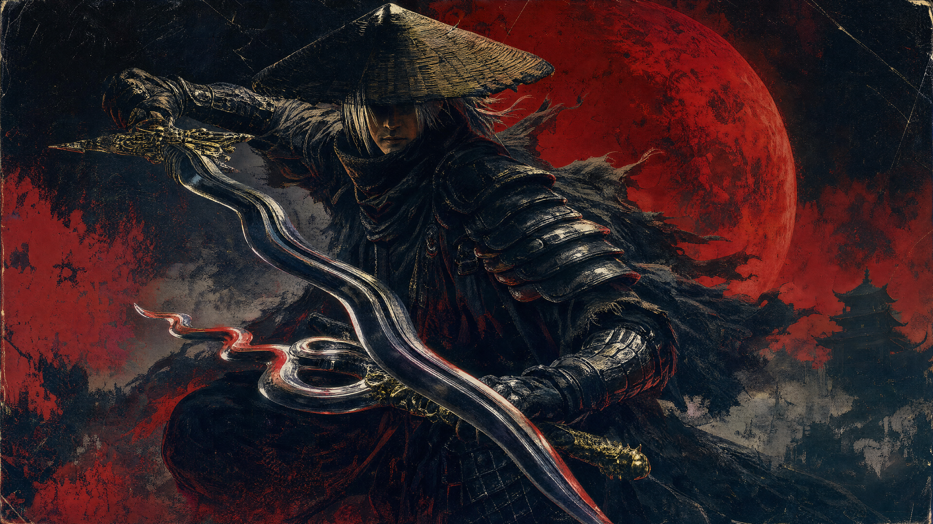 Phantom Blade Zero samurai warrior in dark layered armor and straw hat, gripping a curved sword before a blood-red moon — 4K Ultra HD PC desktop wallpaper/background.