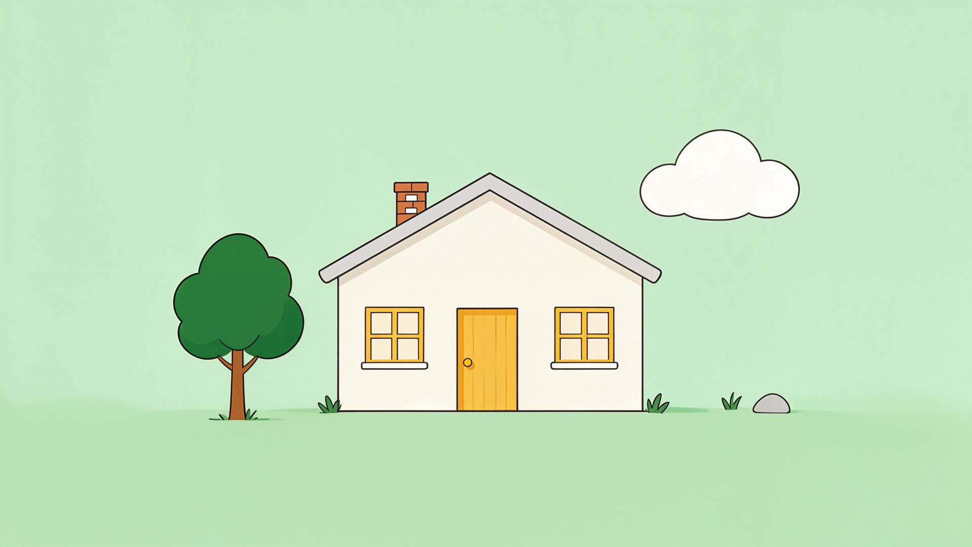 Clean 4K Ultra HD PC desktop wallpaper: minimalist illustration of a small white house with a yellow door, tree, cloud, and pale green background.