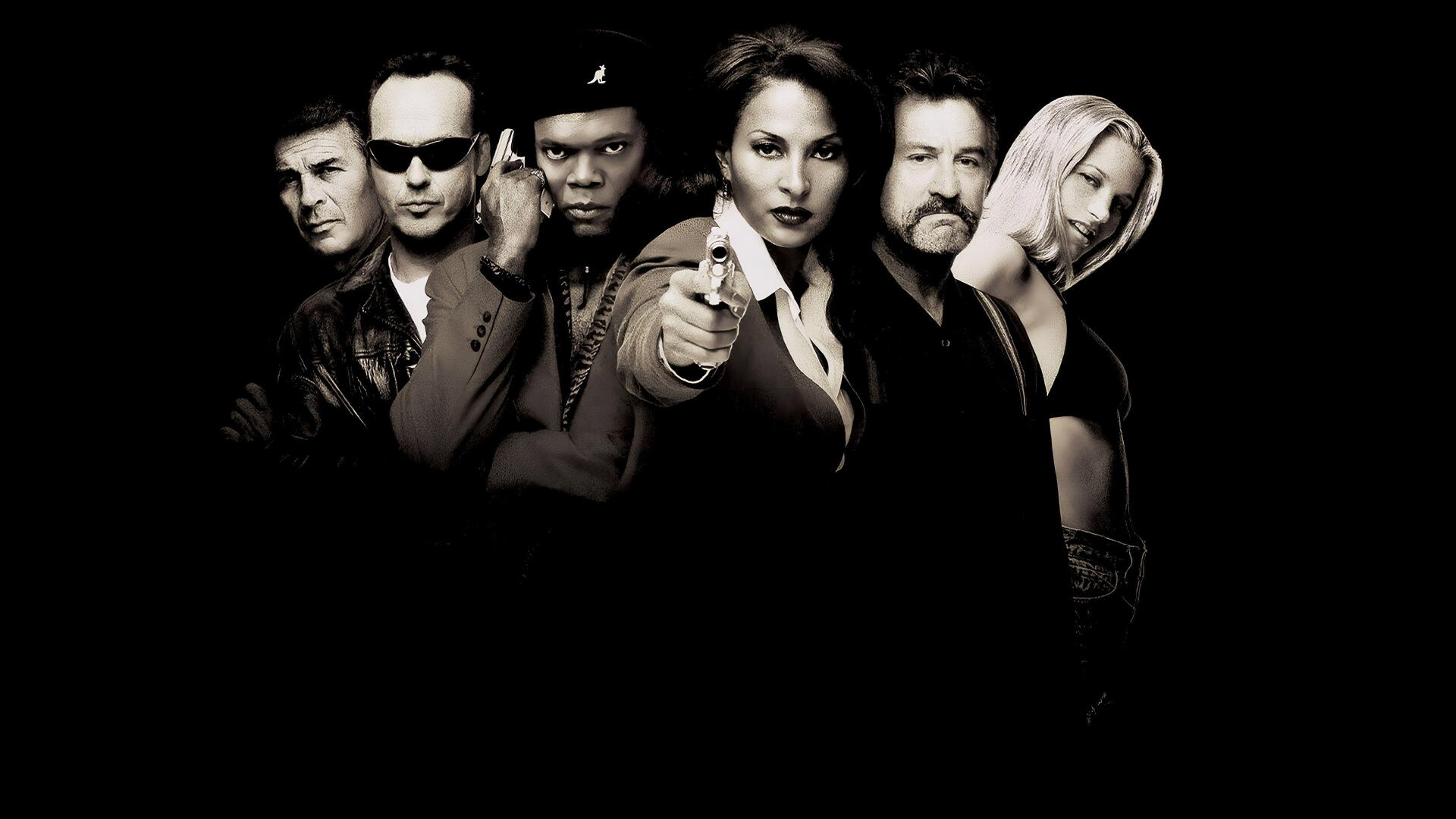 Jackie Brown 4K Ultra HD PC desktop wallpaper showing six noir-styled film characters lined across a black background, with a central woman pointing a handgun directly at the viewer.